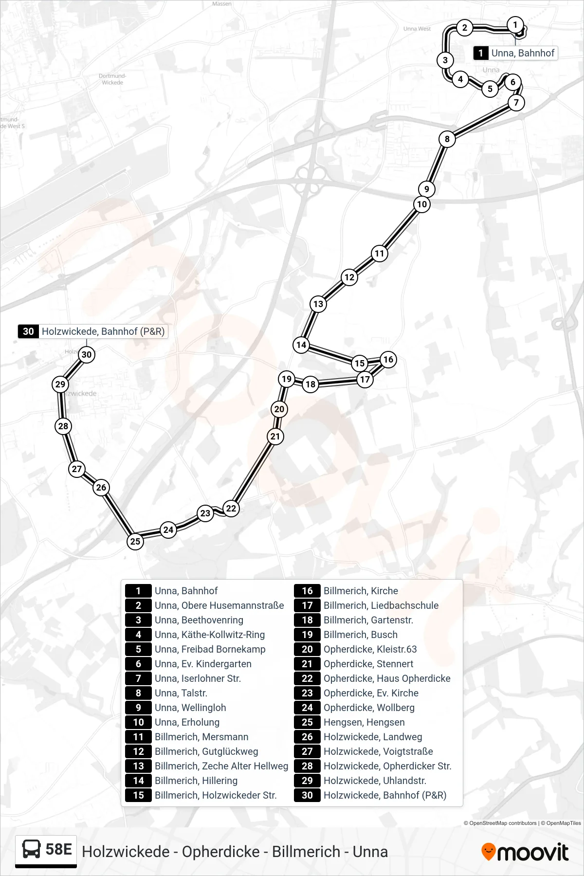 58E bus Line (Holzwickede, Bahnhof (P&R)) route and stops on a map