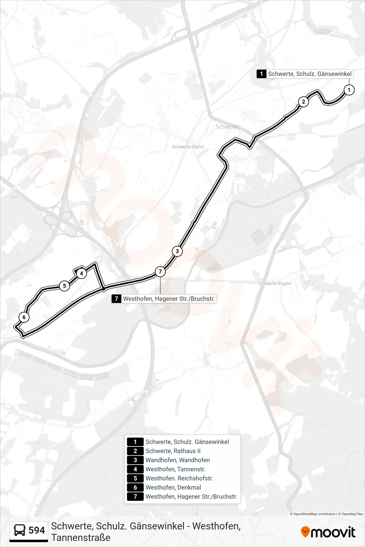 Linie 594 (Bus) Richtung Westhofen, Hagener Str./Bruchstr.: Route und Haltestellen auf der Karte