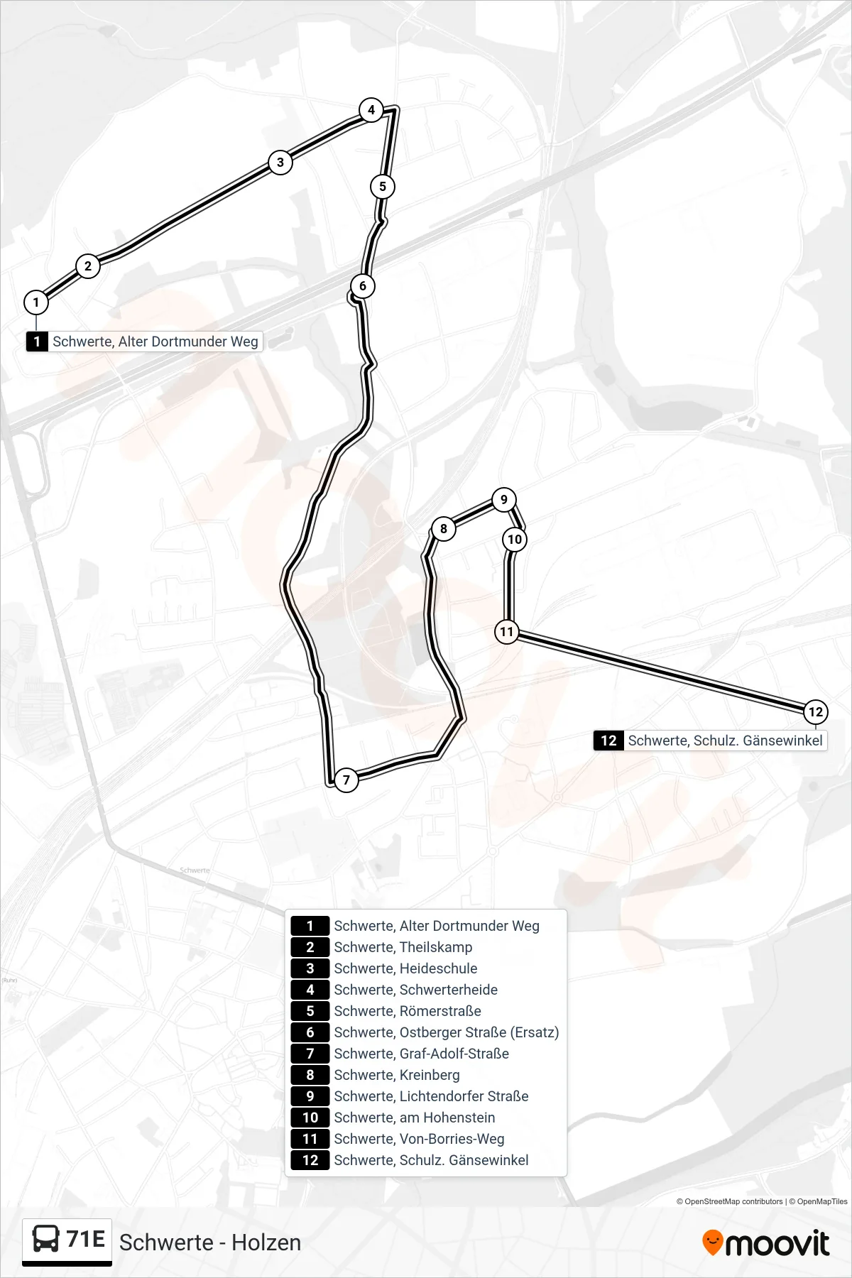 Linie 71E (Bus) Richtung Schwerte, Schulz. Gänsewinkel: Route und Haltestellen auf der Karte