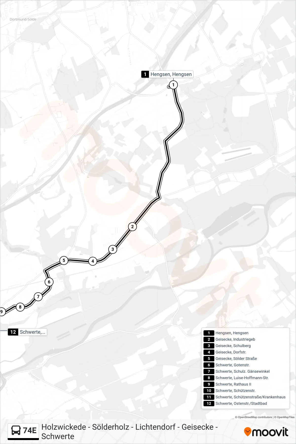 Linie 74E (Bus) Richtung Schwerte, Ostenstr./Stadtbad: Route und Haltestellen auf der Karte