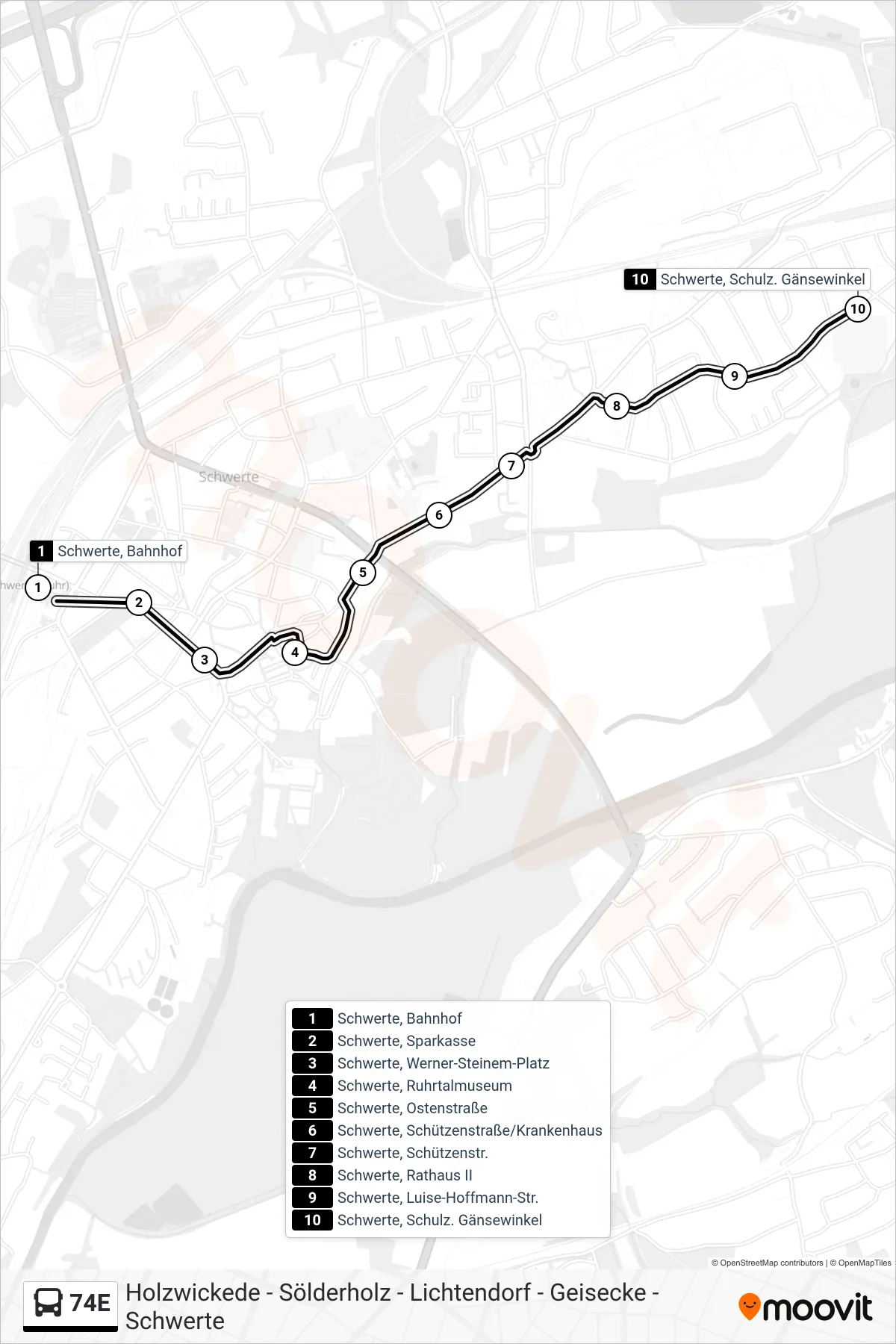 Linie 74E (Bus) Richtung Schwerte, Schulz. Gänsewinkel: Route und Haltestellen auf der Karte