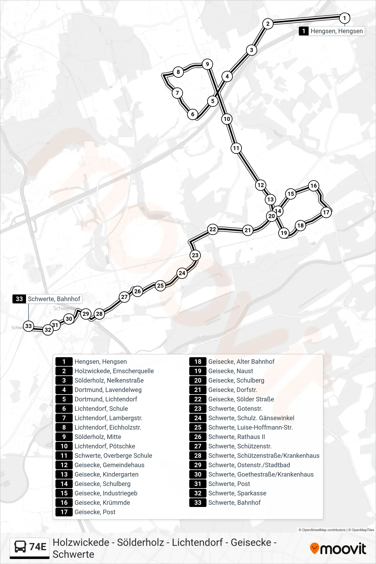 Linie 74E (Bus) Richtung Schwerte, Bahnhof Bstg A: Route und Haltestellen auf der Karte