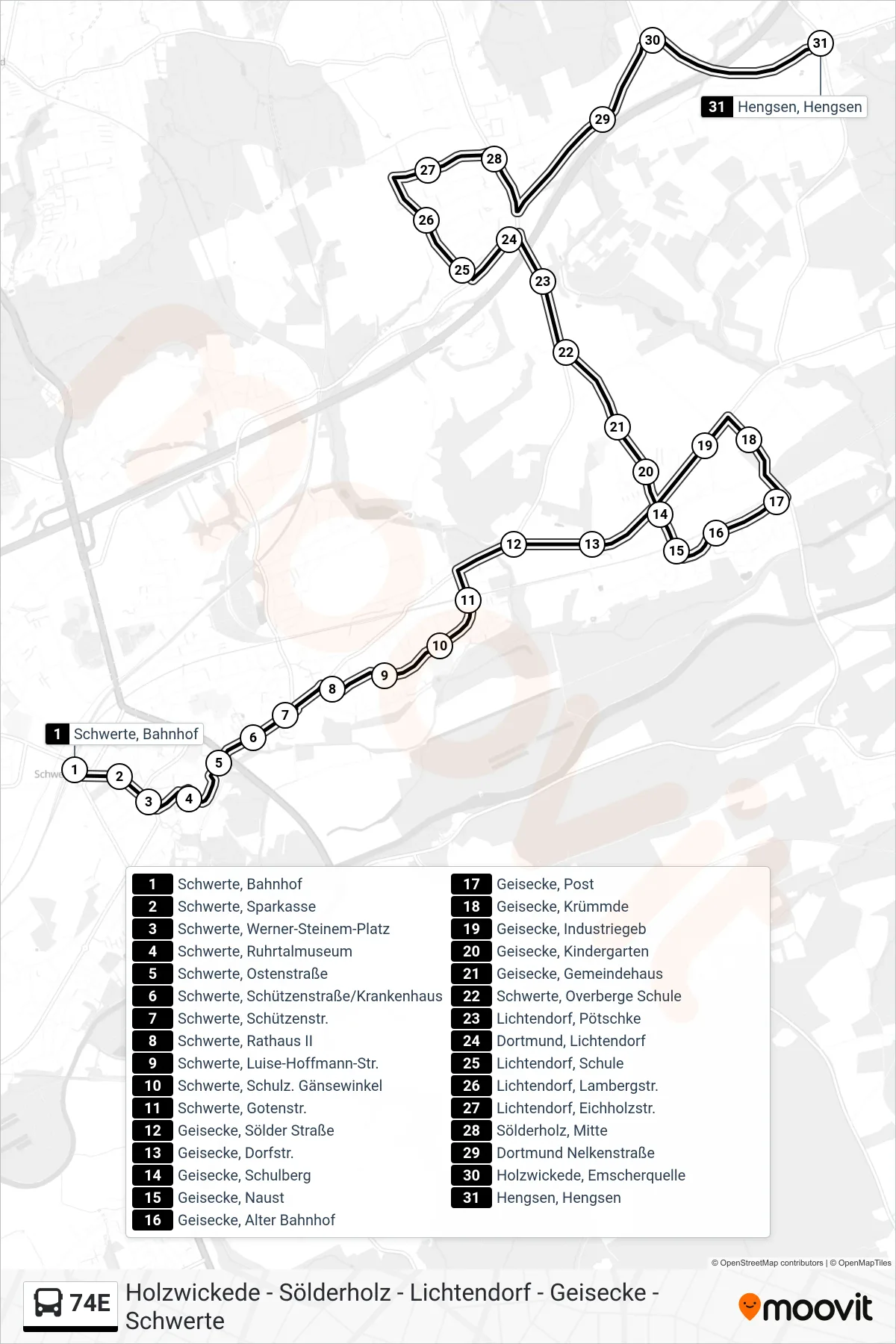 Linie 74E (Bus) Richtung Hengsen, Hengsen: Route und Haltestellen auf der Karte
