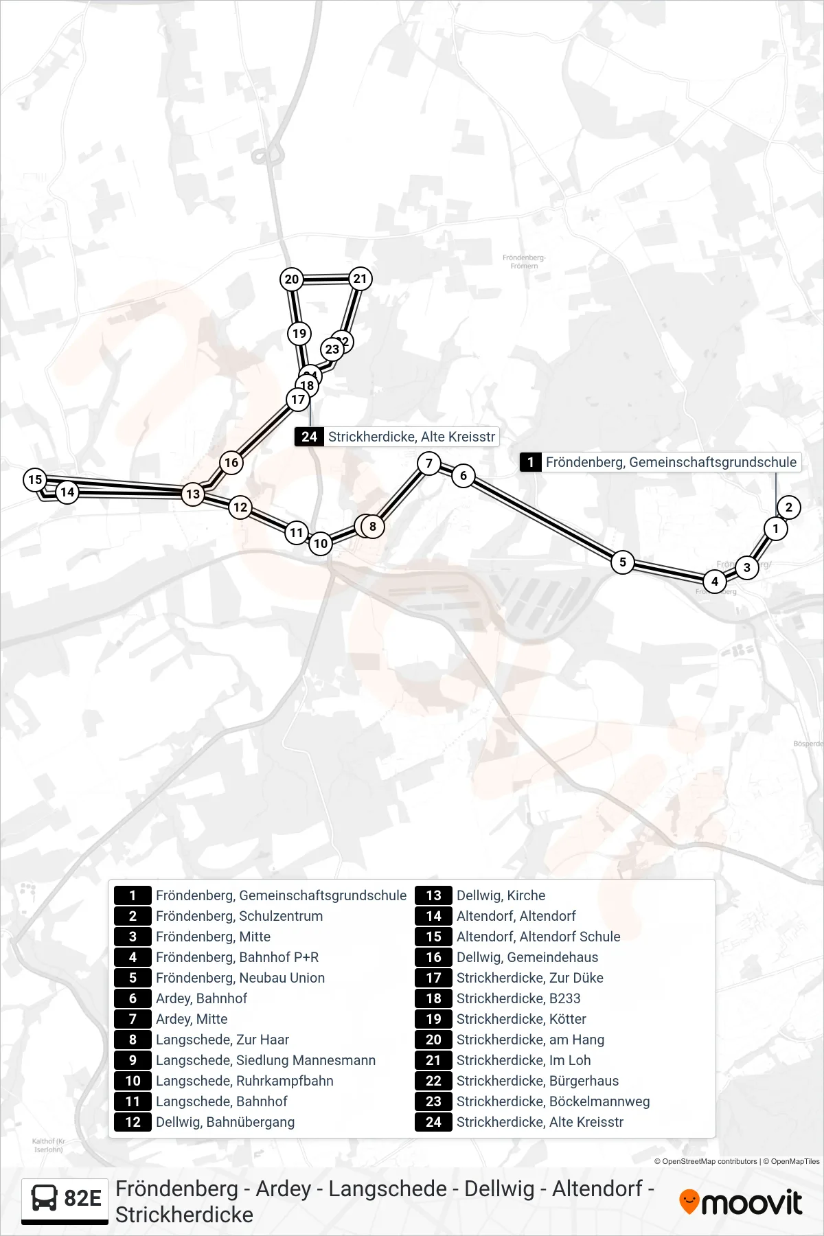 Linie 82E (Bus) Richtung Strickherdicke, Alte Kreisstr: Route und Haltestellen auf der Karte