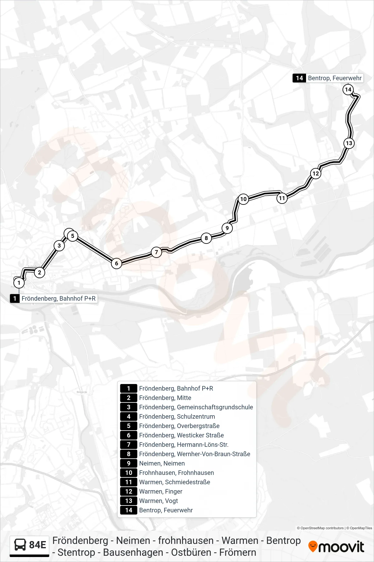 Linie 84E (Bus) Richtung Bentrop, Feuerwehr: Route und Haltestellen auf der Karte