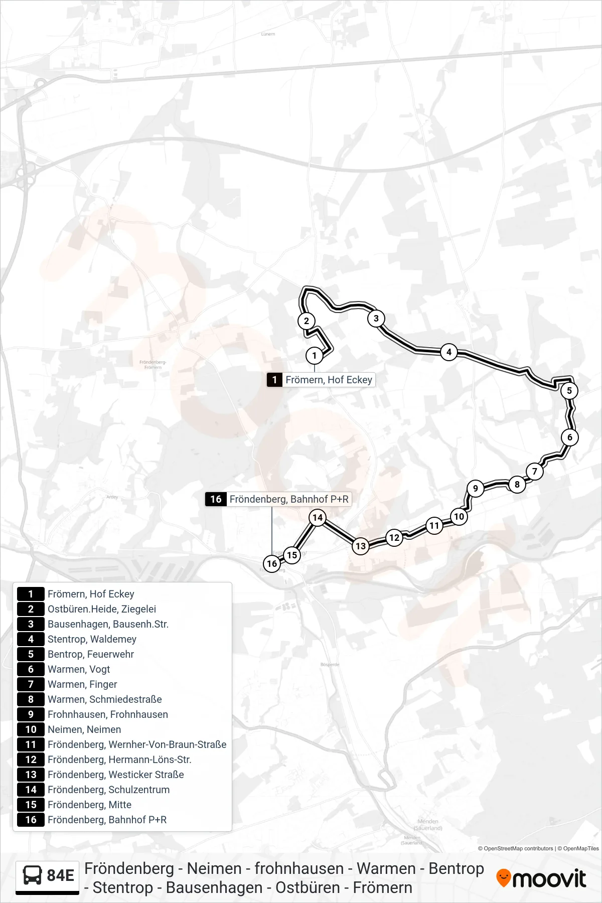 Linie 84E (Bus) Richtung Fröndenberg, Bahnhof P+R: Route und Haltestellen auf der Karte