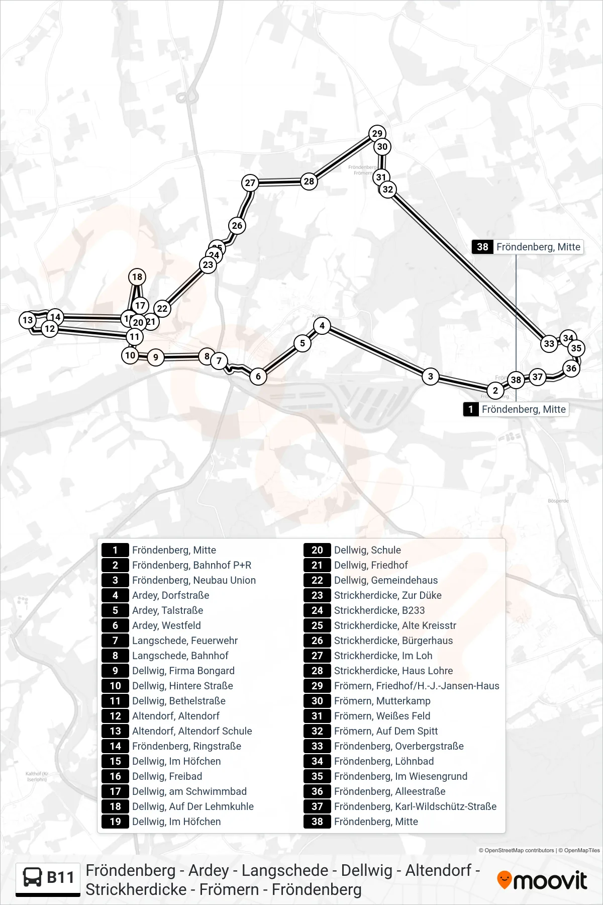 Linie B11 (Bus) Richtung Fröndenberg, Mitte: Route und Haltestellen auf der Karte