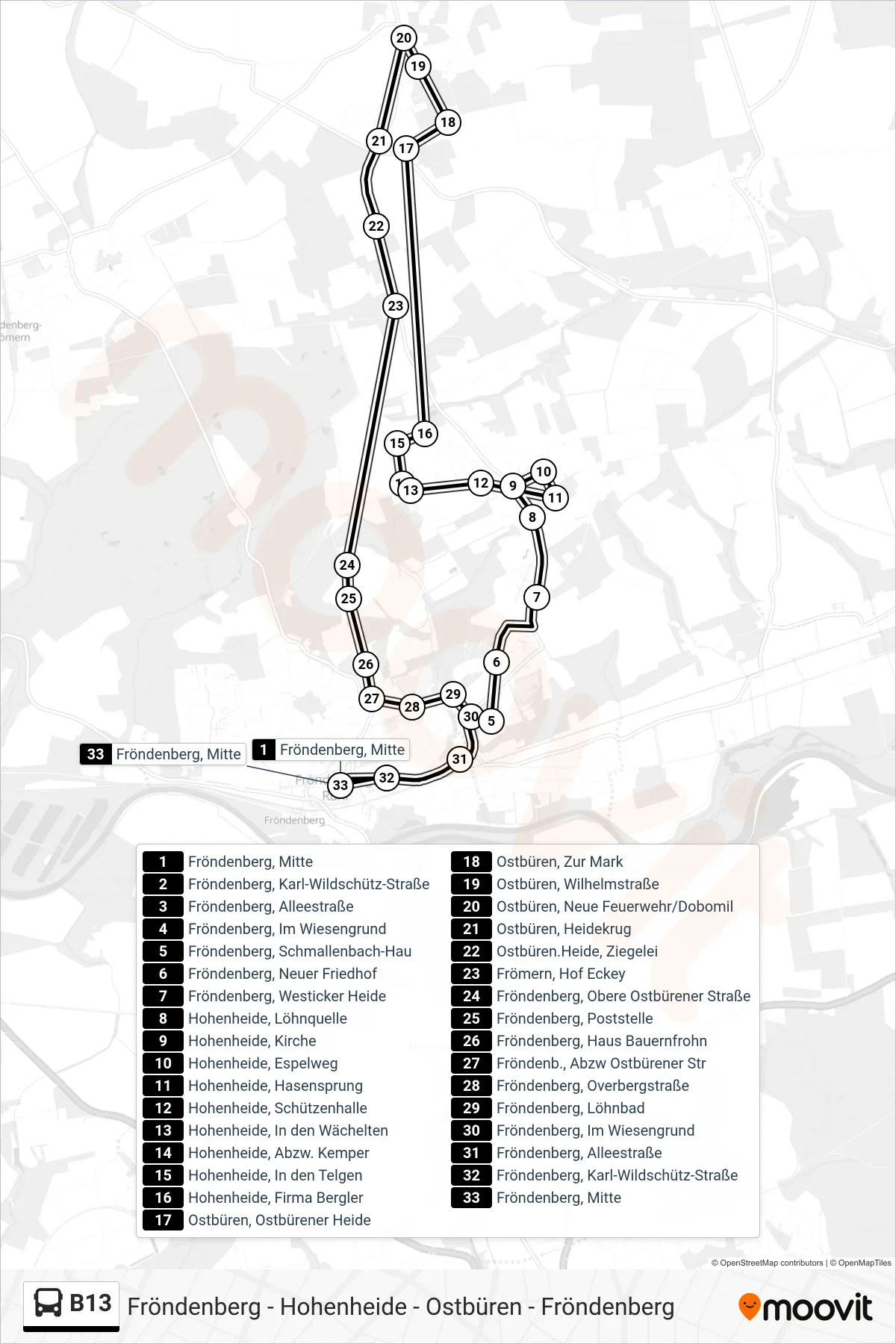 Linie B13 (Bus) Richtung Fröndenberg, Mitte: Route und Haltestellen auf der Karte