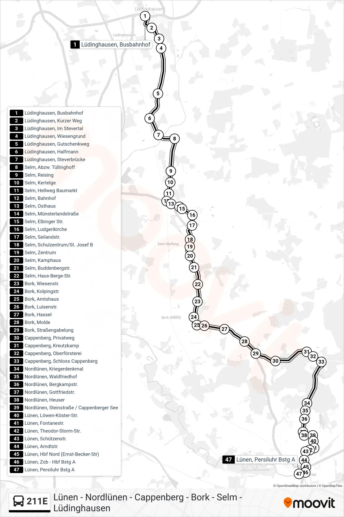 Linie 211E (Bus) Richtung Lünen, Persiluhr Bstg A: Route und Haltestellen auf der Karte