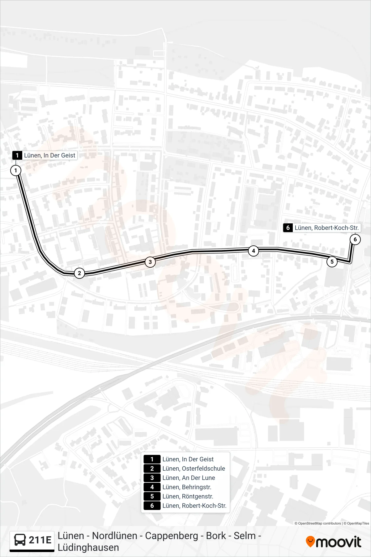 Linie 211E (Bus) Richtung Lünen, Robert-Koch-Str.: Route und Haltestellen auf der Karte