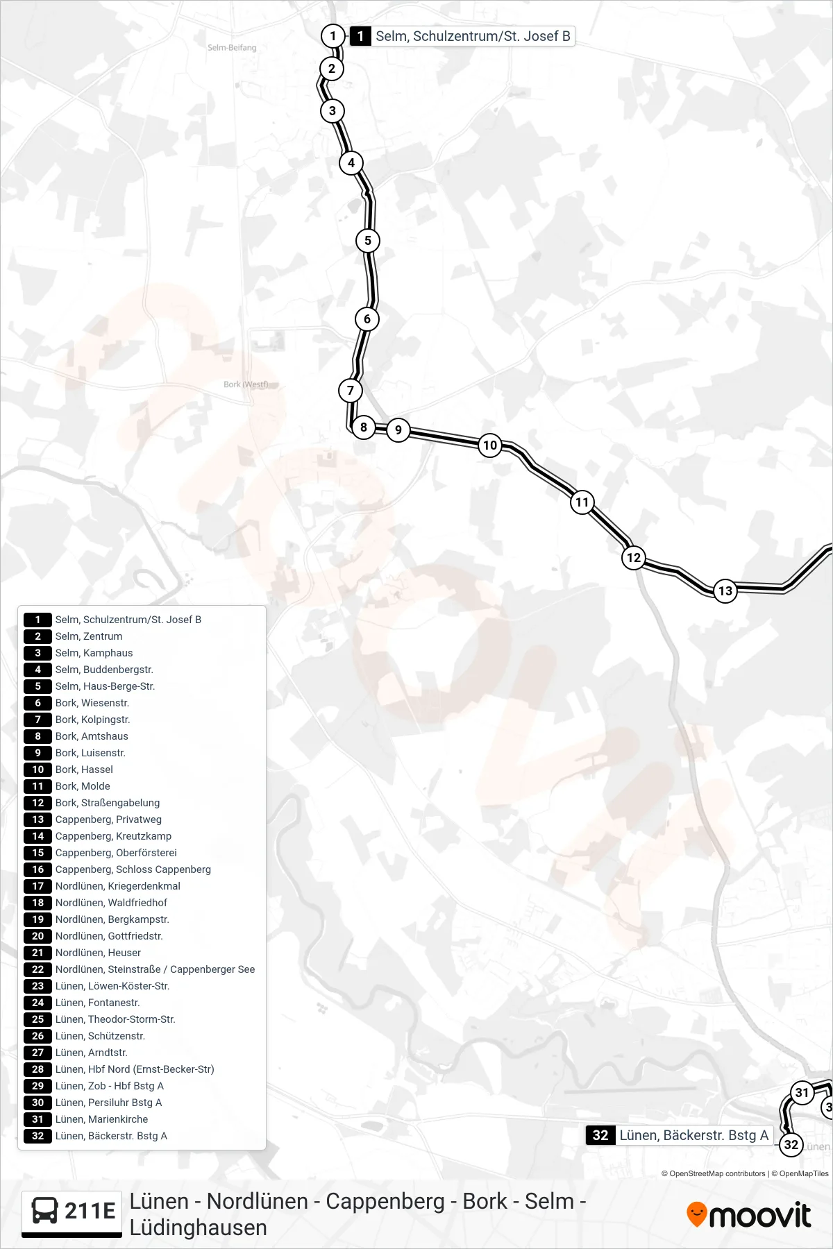 Linie 211E (Bus) Richtung Lünen, Bäckerstr. Bstg A: Route und Haltestellen auf der Karte