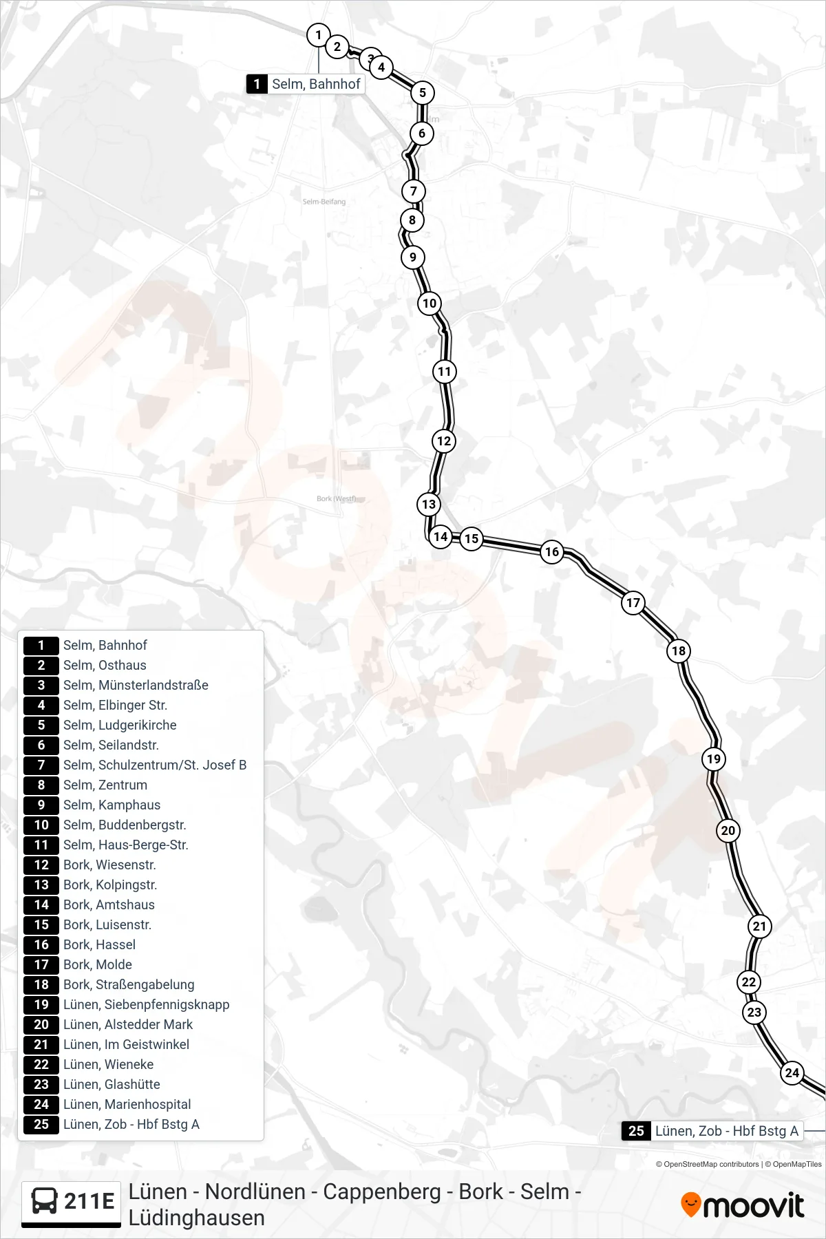 Linie 211E (Bus) Richtung Lünen, Zob - Hbf Bstg A: Route und Haltestellen auf der Karte