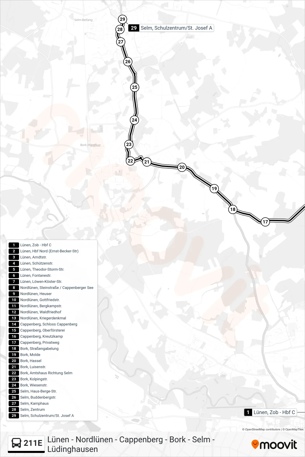 Linie 211E (Bus) Richtung Selm, Schulzentrum/St. Josef A: Route und Haltestellen auf der Karte