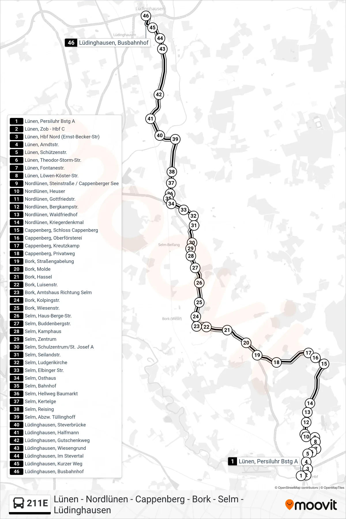 Linie 211E (Bus) Richtung Lüdinghausen, Busbahnhof B: Route und Haltestellen auf der Karte
