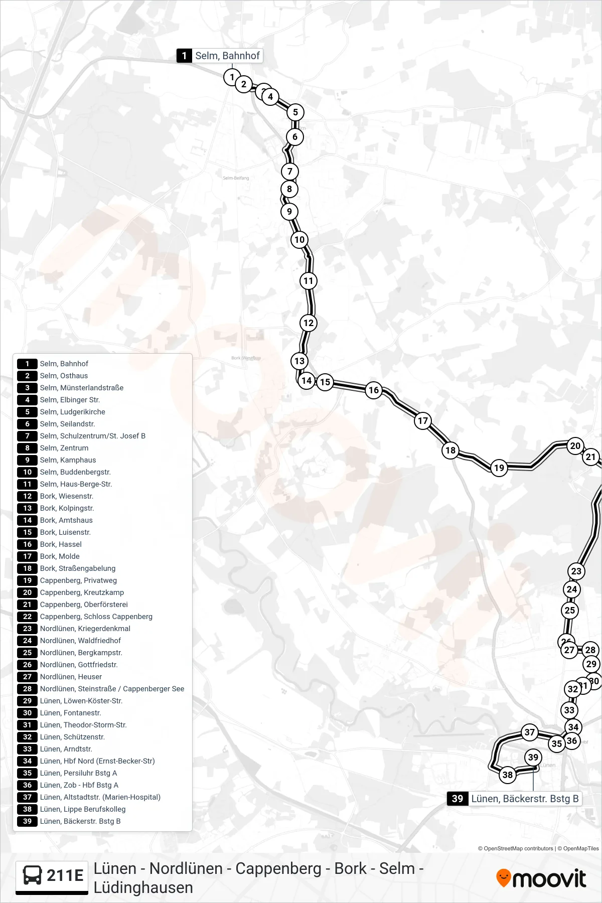 Linie 211E (Bus) Richtung Lünen, Bäckerstr. Bstg B: Route und Haltestellen auf der Karte