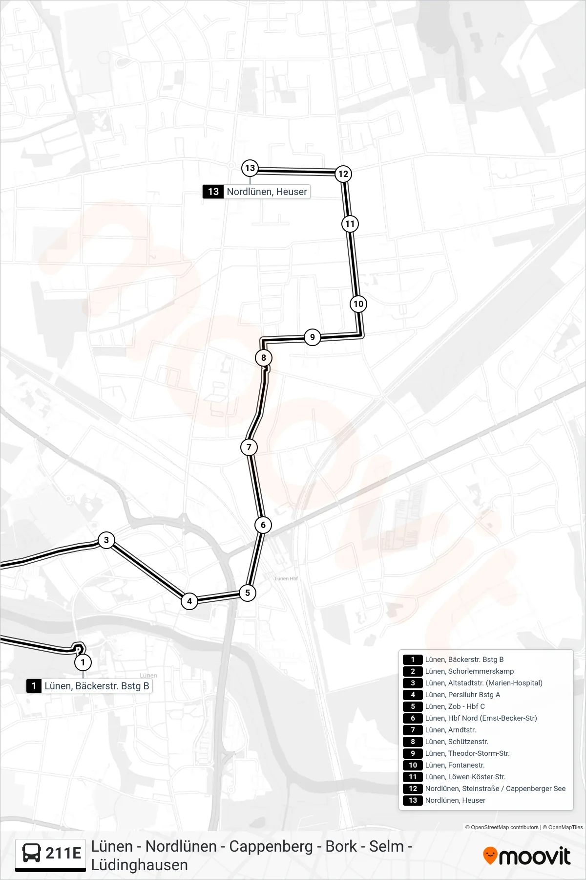 Linie 211E (Bus) Richtung Nordlünen, Heuser: Route und Haltestellen auf der Karte