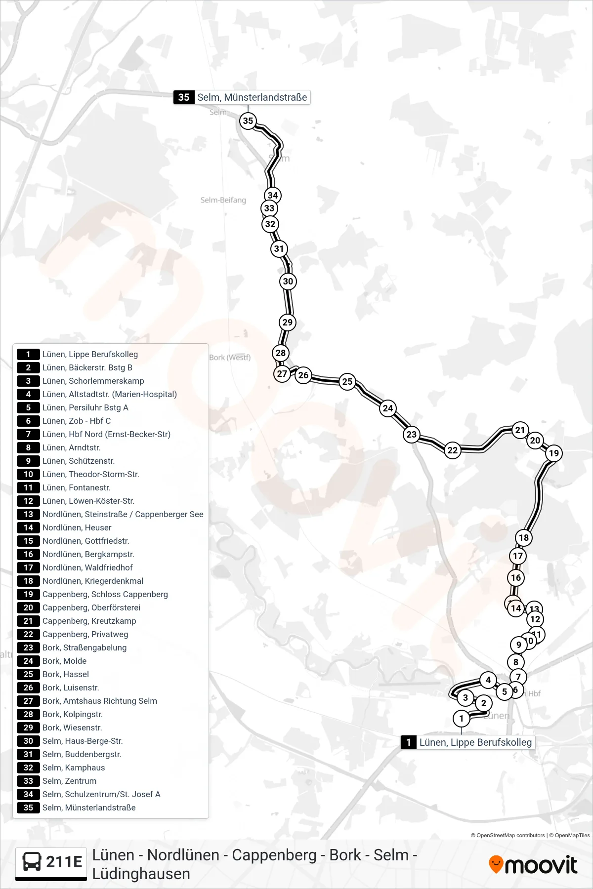 Linie 211E (Bus) Richtung Selm, Münsterlandstraße: Route und Haltestellen auf der Karte