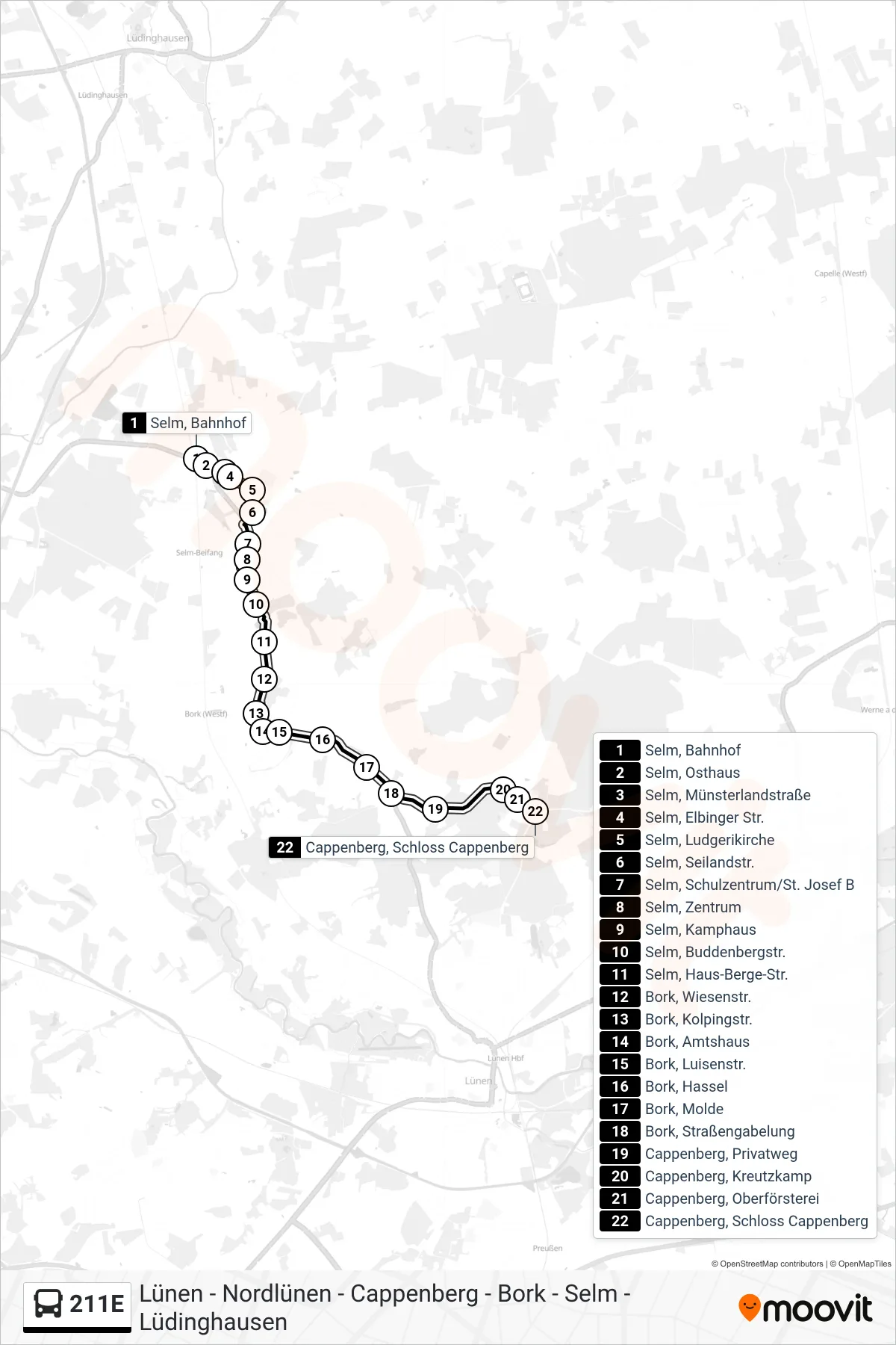 Linie 211E (Bus) Richtung Cappenberg, Schloss Cappenberg: Route und Haltestellen auf der Karte