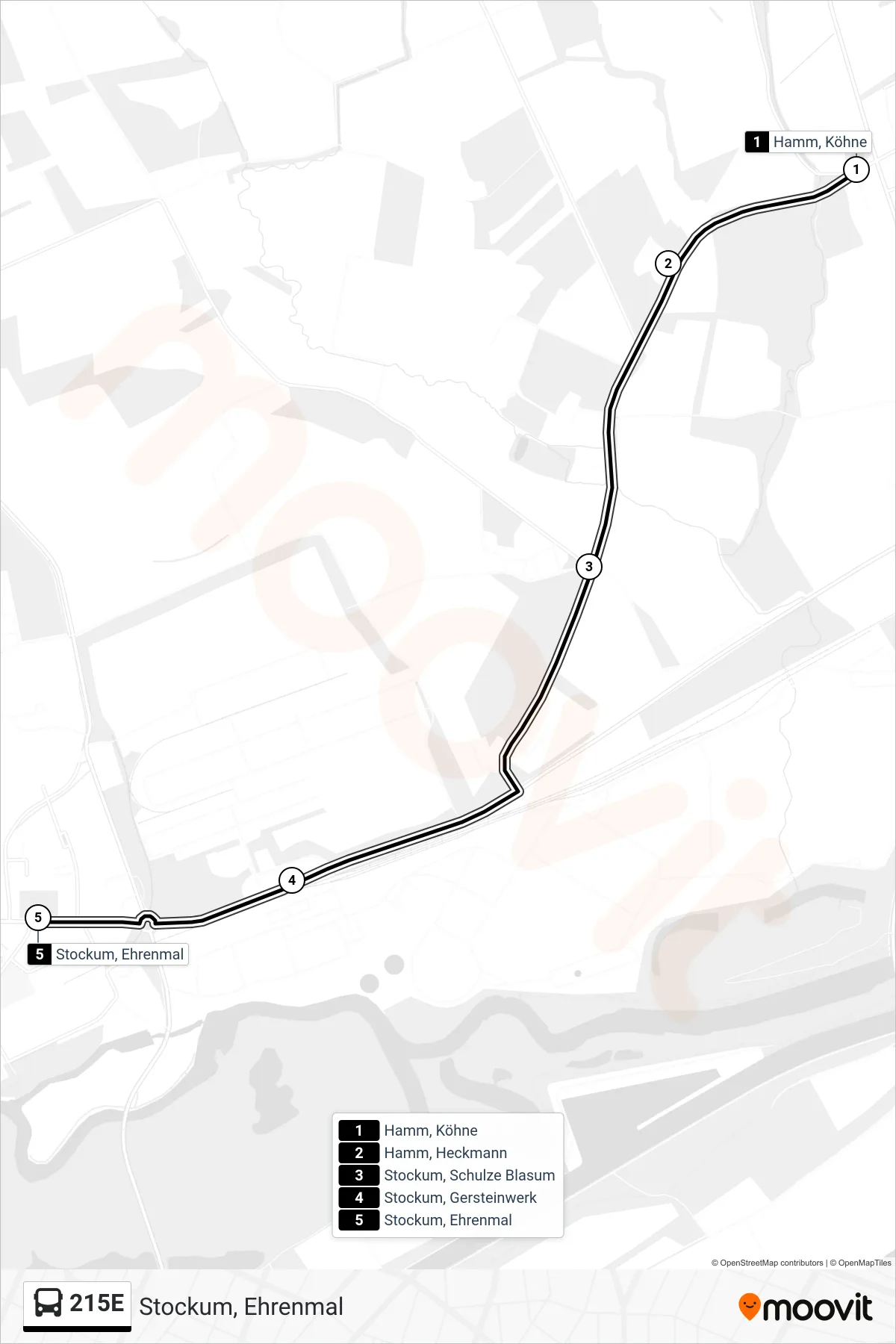 Linie 215E (Bus) Richtung Stockum, Ehrenmal: Route und Haltestellen auf der Karte
