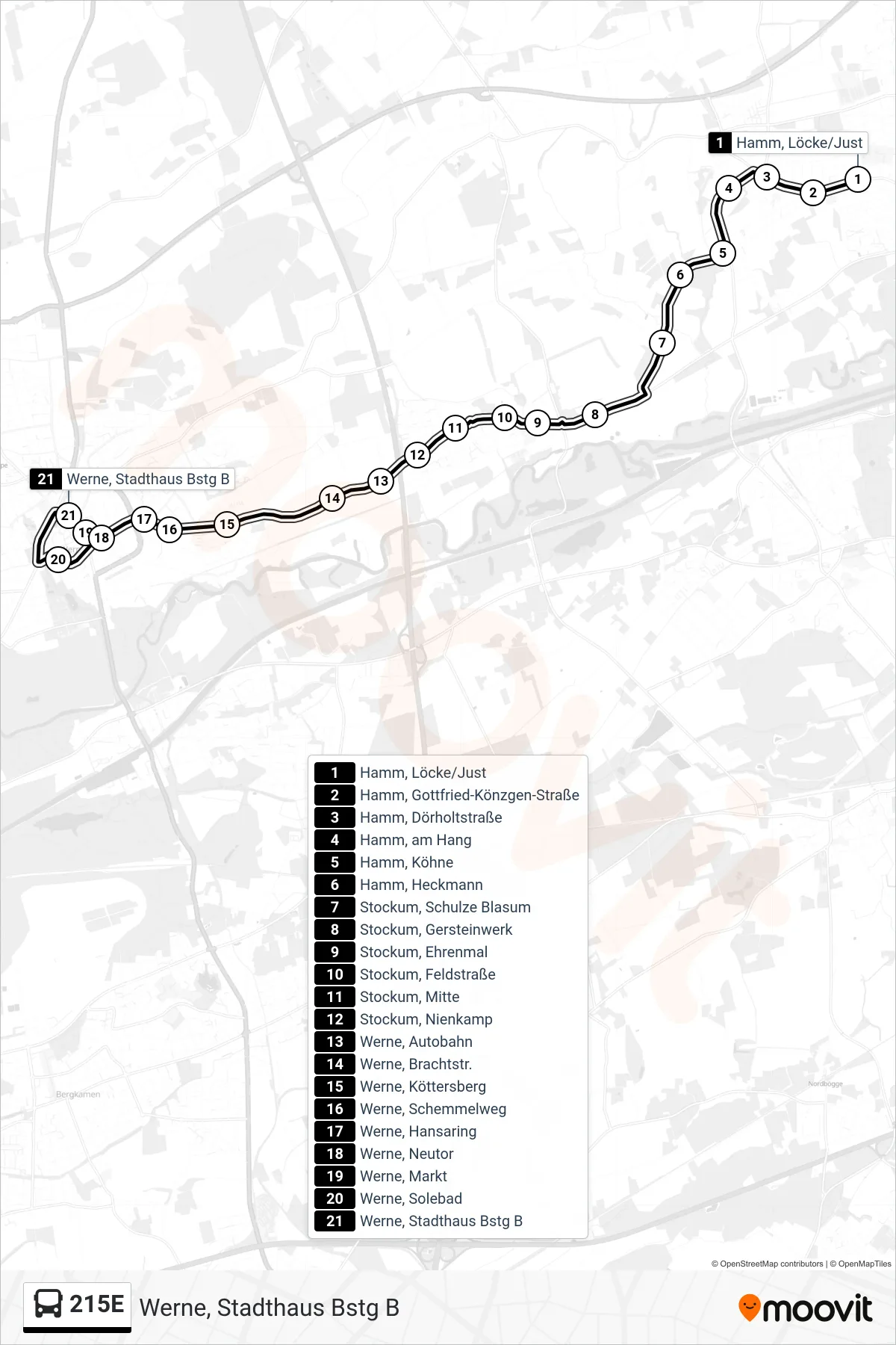 Linie 215E (Bus) Richtung Werne, Stadthaus Bstg B: Route und Haltestellen auf der Karte