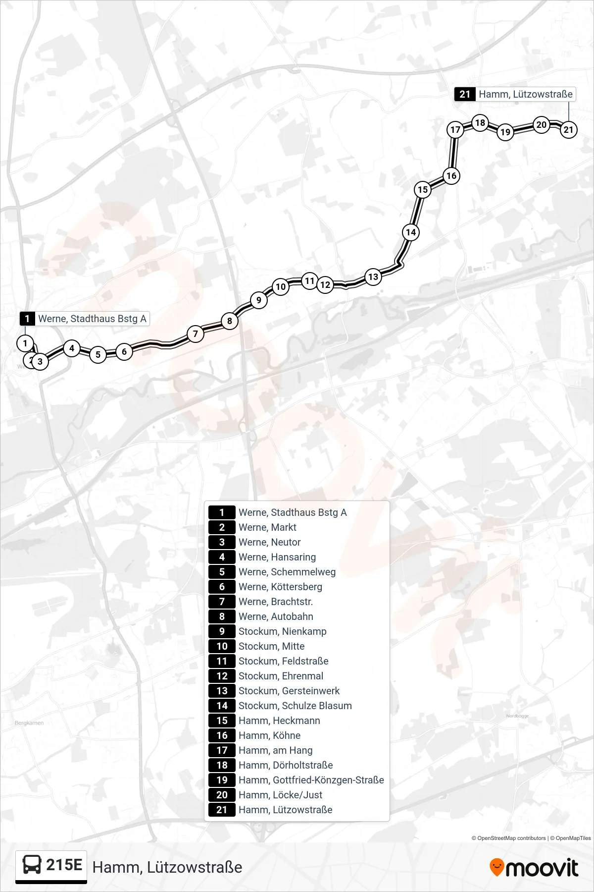 Linie 215E (Bus) Richtung Hamm, Lützowstraße: Route und Haltestellen auf der Karte