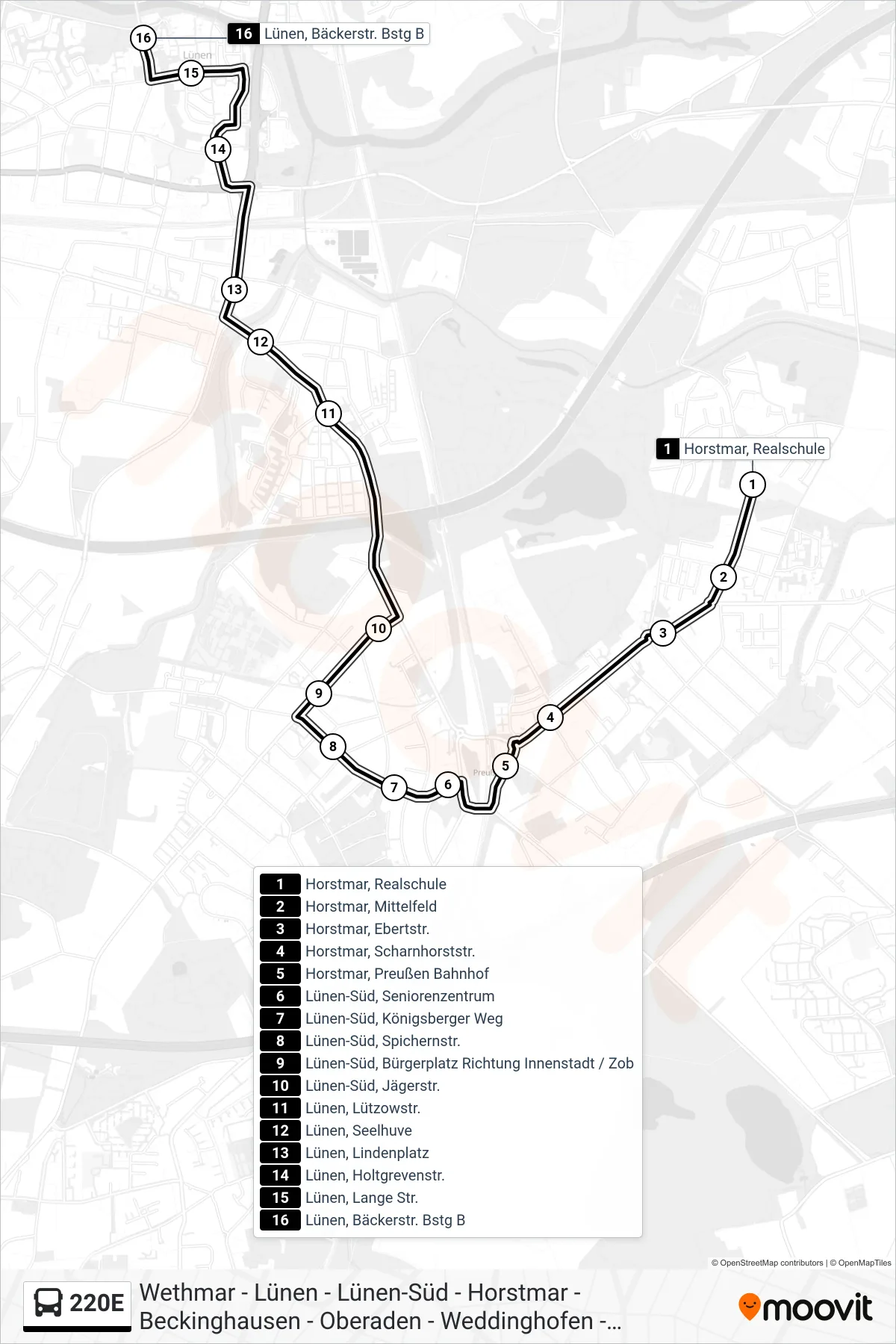 Linie 220E (Bus) Richtung Lünen, Bäckerstr. Bstg B: Route und Haltestellen auf der Karte