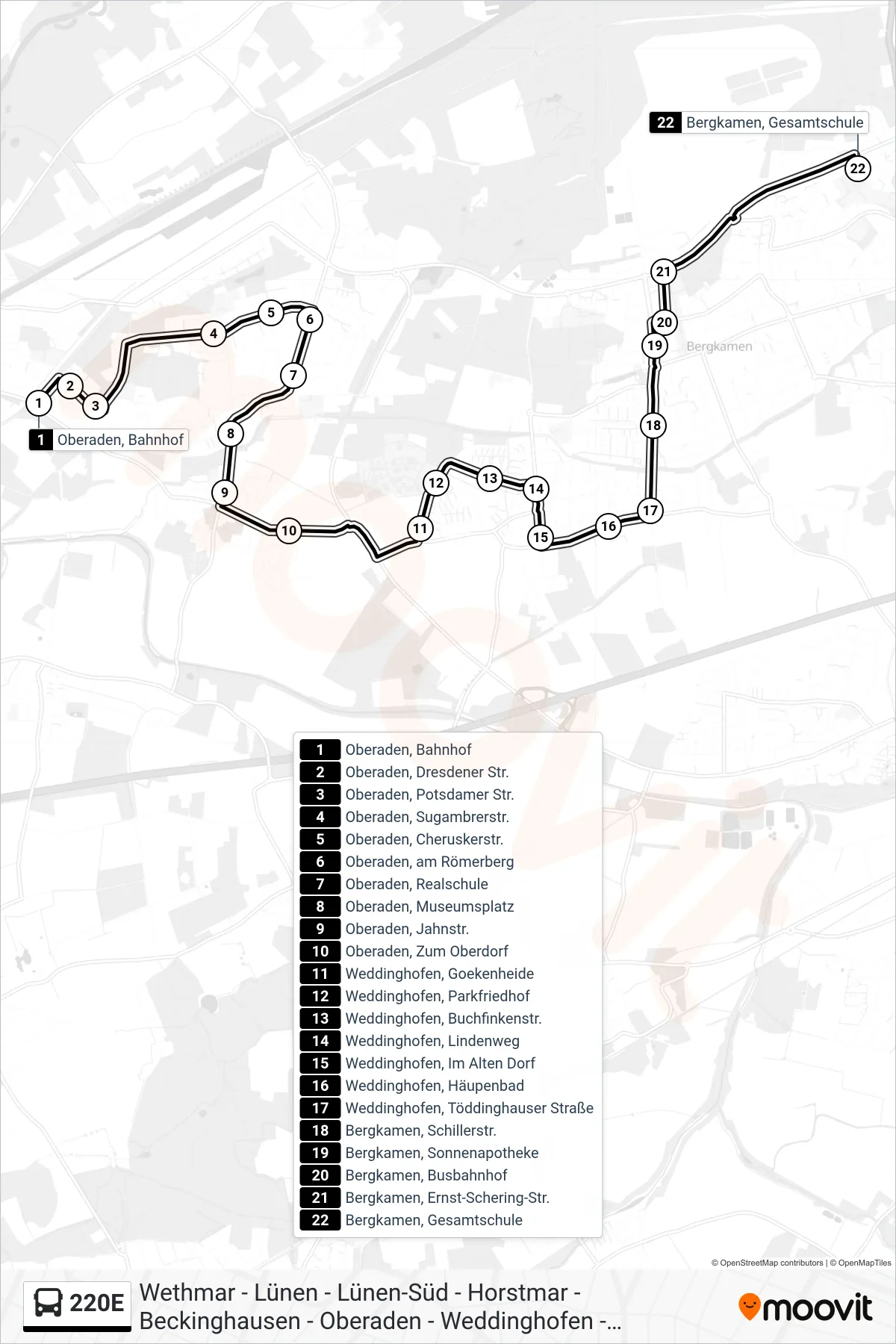 Linie 220E (Bus) Richtung Bergkamen, Gesamtschule: Route und Haltestellen auf der Karte