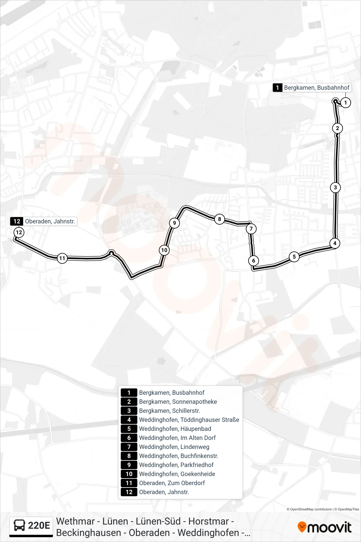 Linie 220E (Bus) Richtung Oberaden, Jahnstr.: Route und Haltestellen auf der Karte