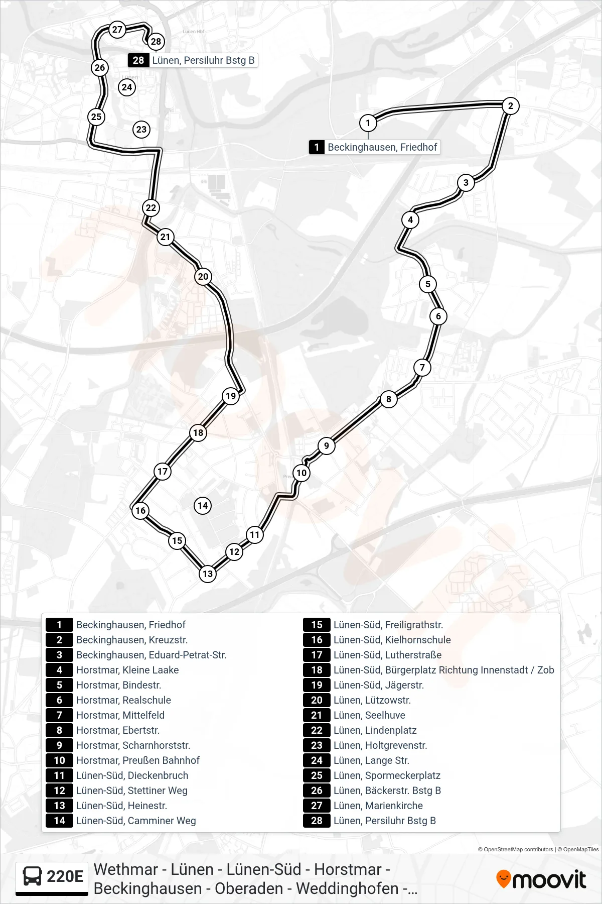 Linie 220E (Bus) Richtung Lünen, Persiluhr Bstg B: Route und Haltestellen auf der Karte