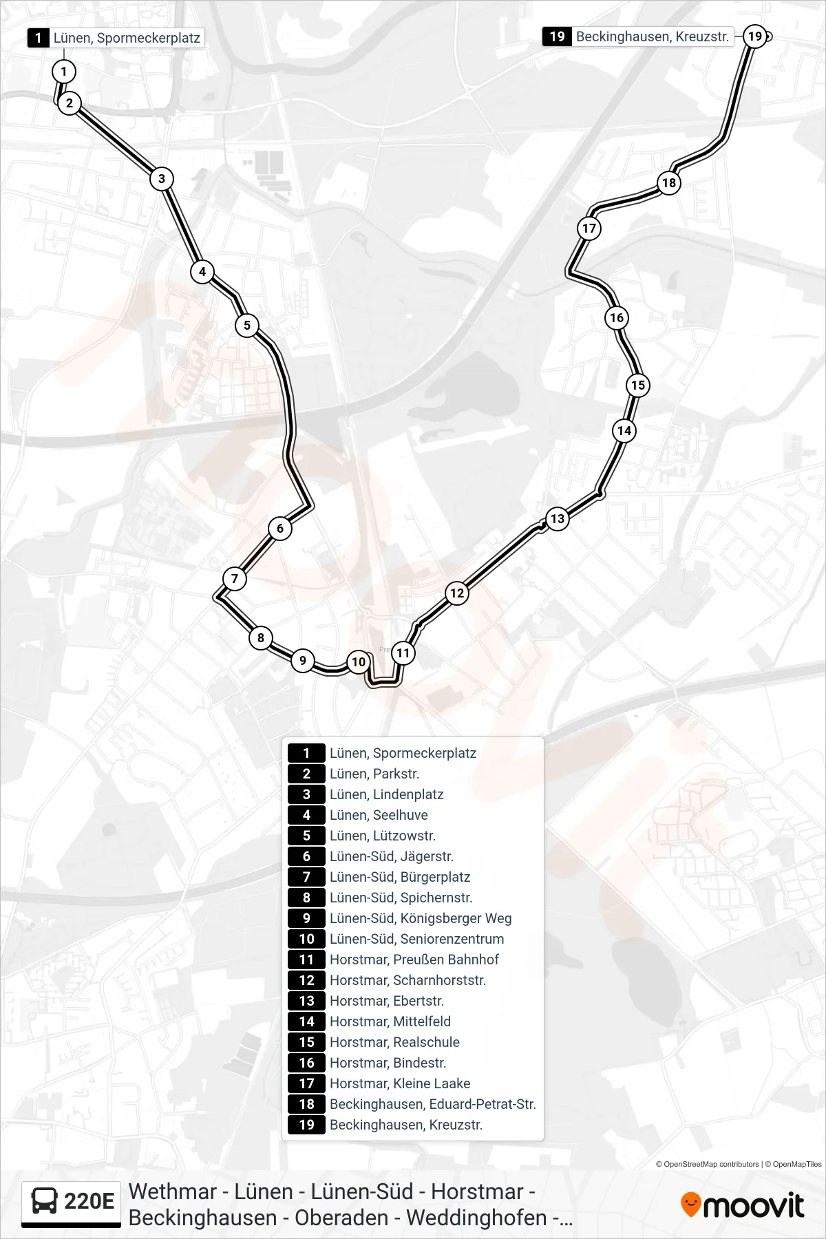 Linie 220E (Bus) Richtung Beckinghausen, Kreuzstr. B: Route und Haltestellen auf der Karte