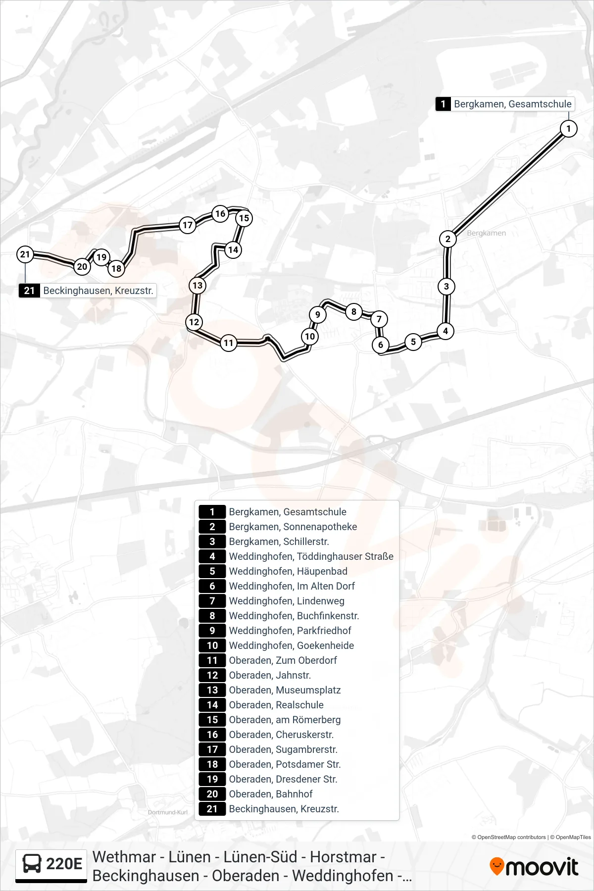 Linie 220E (Bus) Richtung Beckinghausen, Kreuzstr. A: Route und Haltestellen auf der Karte