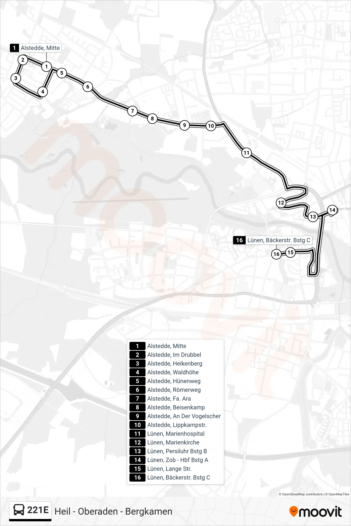 Linie 221E (Bus) Richtung Lünen, Bäckerstr. Bstg C: Route und Haltestellen auf der Karte