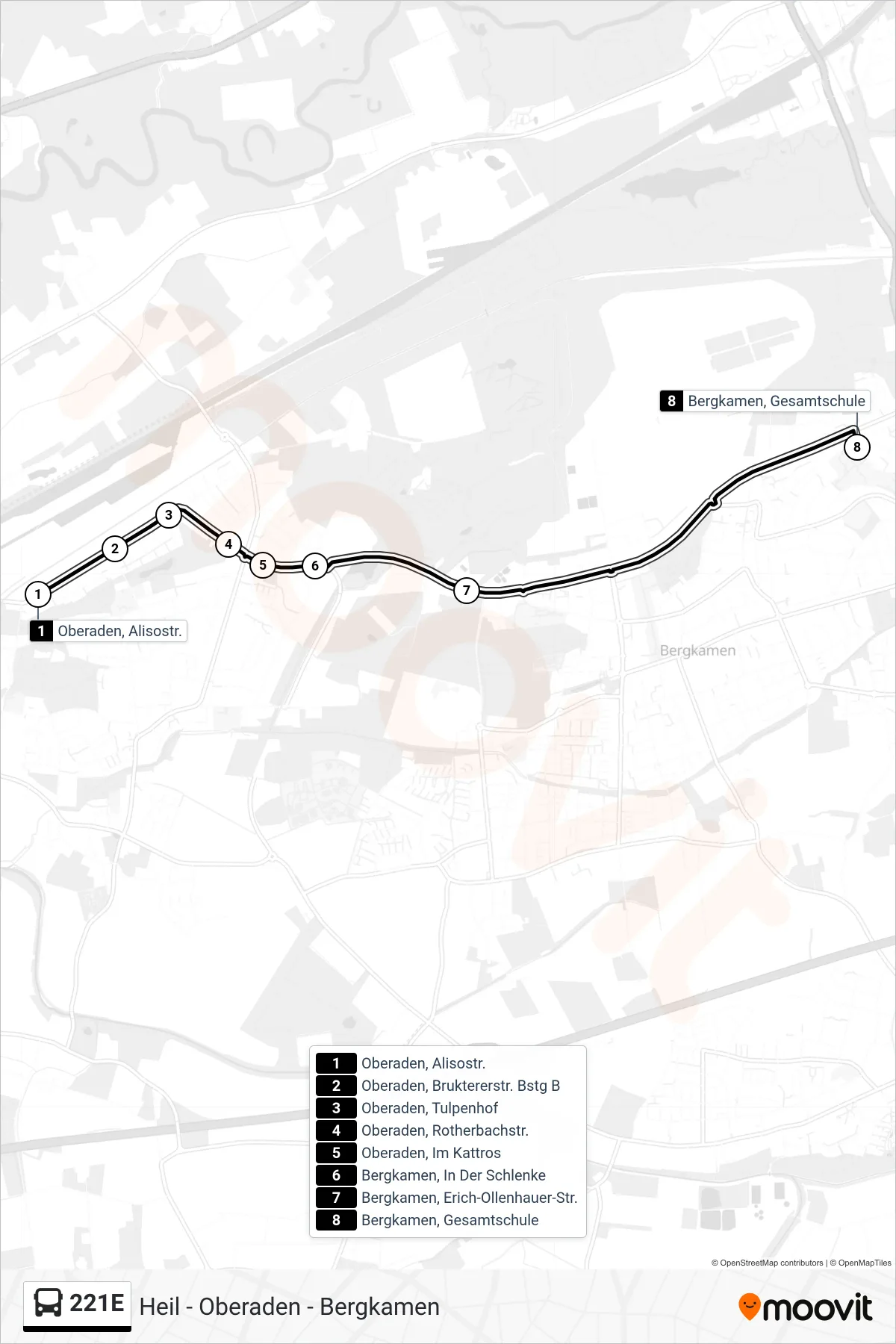 Linie 221E (Bus) Richtung Bergkamen, Gesamtschule: Route und Haltestellen auf der Karte