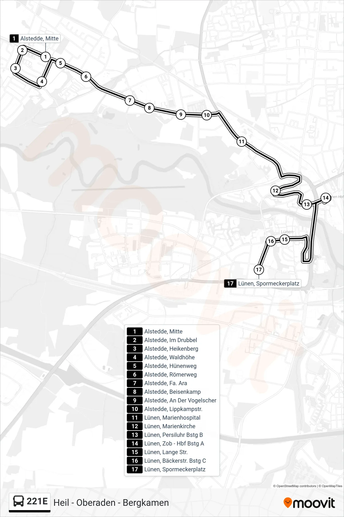 221E bus Line (Lünen, Spormeckerplatz) route and stops on a map