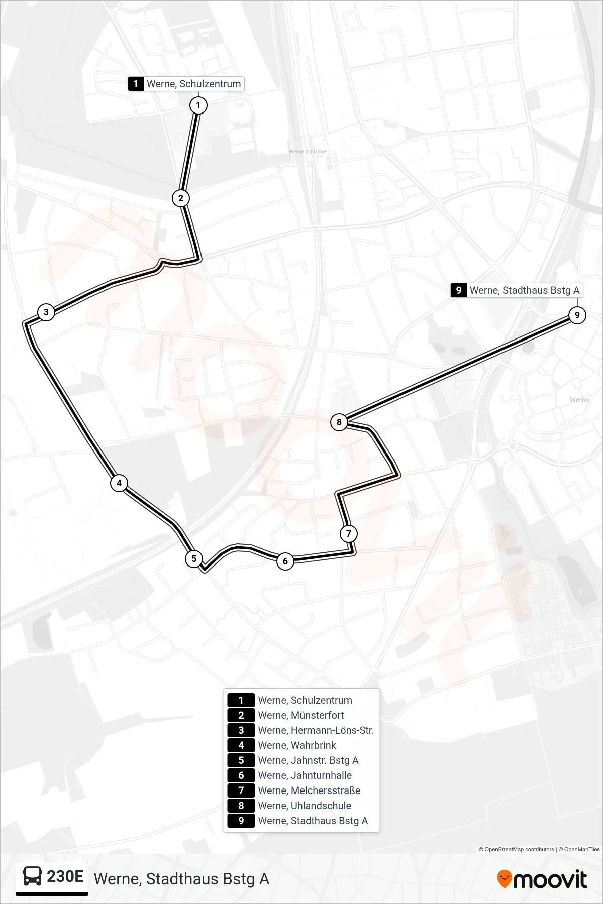 Linie 230E (Bus) Richtung Werne, Stadthaus Bstg A: Route und Haltestellen auf der Karte