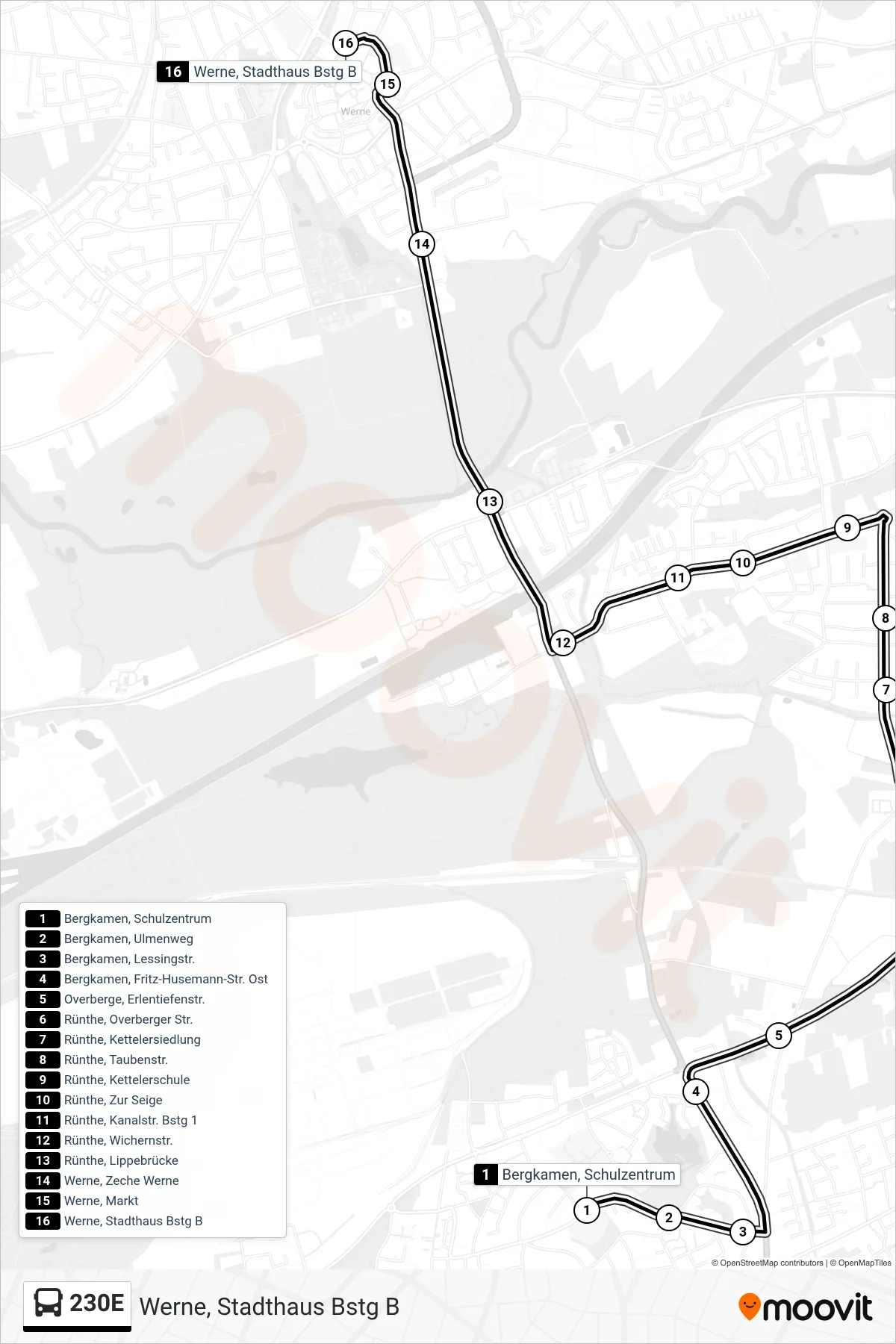 Linie 230E (Bus) Richtung Werne, Stadthaus Bstg B: Route und Haltestellen auf der Karte