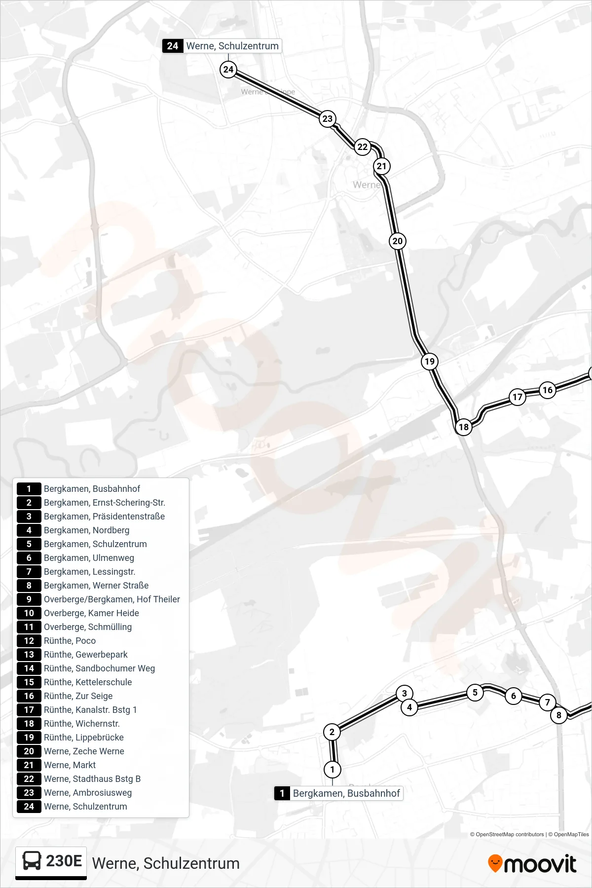 Linie 230E (Bus) Richtung Werne, Schulzentrum: Route und Haltestellen auf der Karte