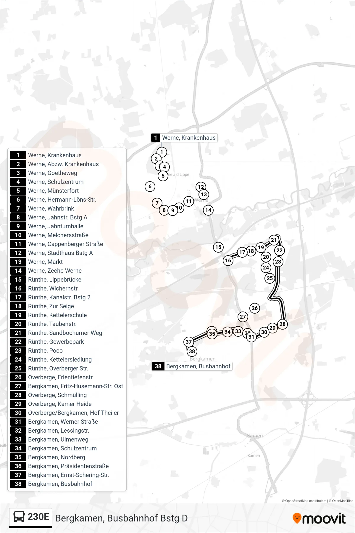 Linie 230E (Bus) Richtung Bergkamen, Busbahnhof Bstg D: Route und Haltestellen auf der Karte