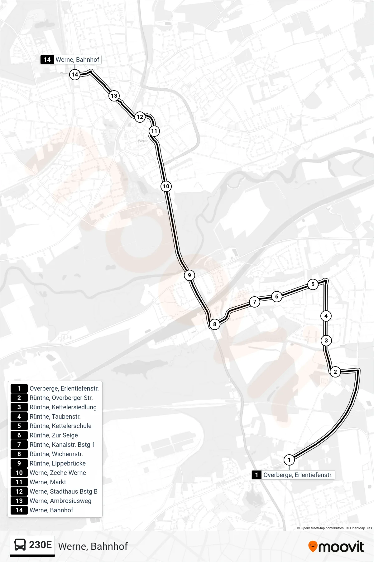 Linie 230E (Bus) Richtung Werne, Bahnhof: Route und Haltestellen auf der Karte