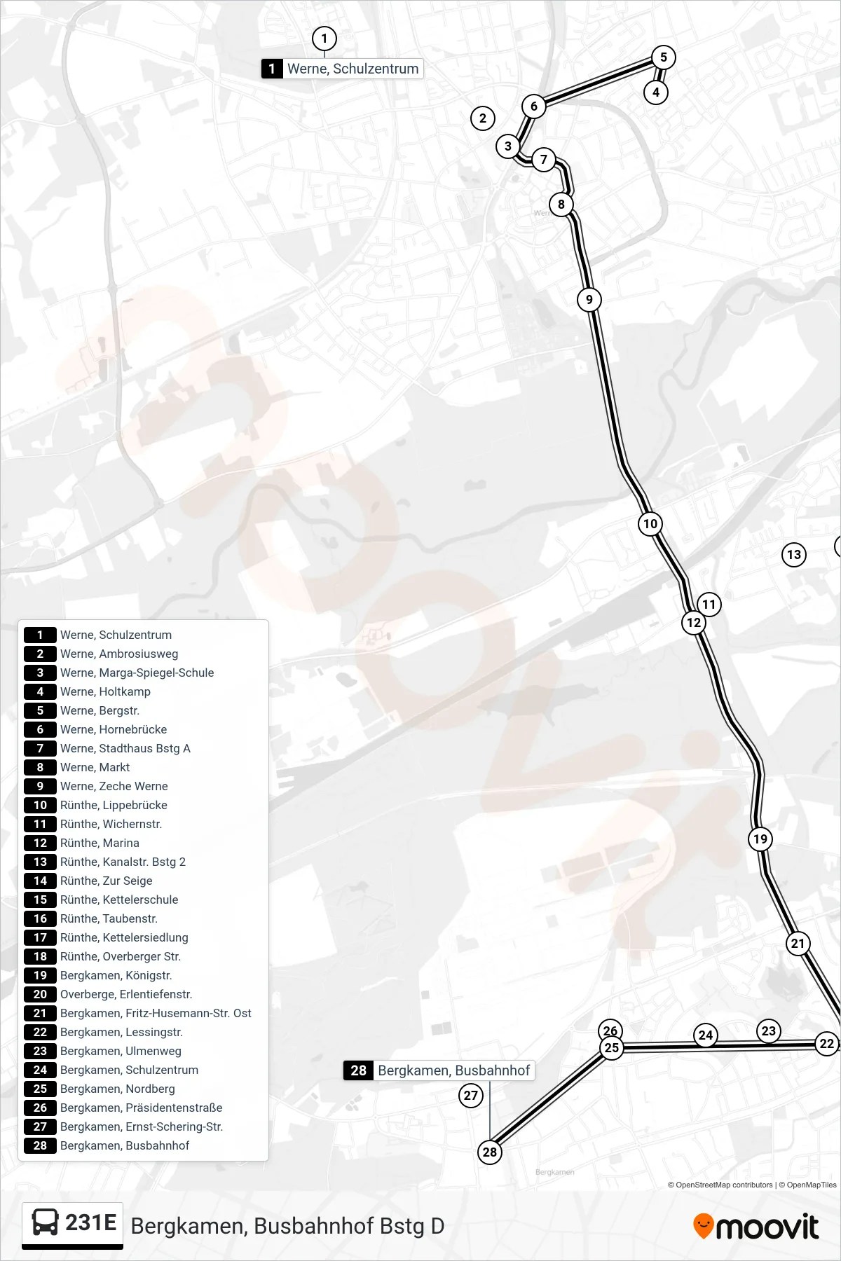 Linie 231E (Bus) Richtung Bergkamen, Busbahnhof Bstg D: Route und Haltestellen auf der Karte
