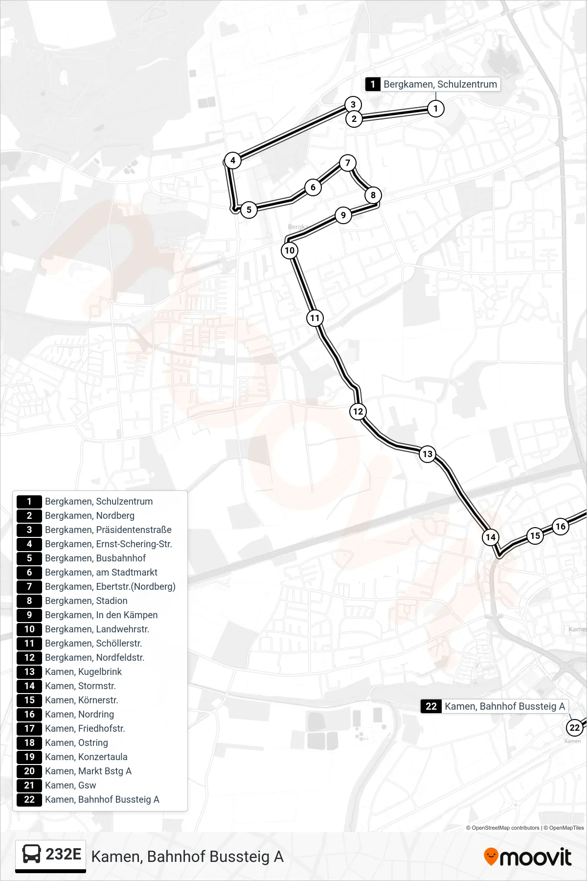 Linie 232E (Bus) Richtung Kamen, Bahnhof Bussteig A: Route und Haltestellen auf der Karte
