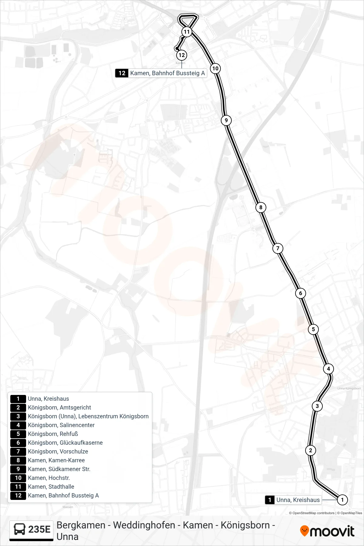 Linie 235E (Bus) Richtung Kamen, Bahnhof Bussteig A: Route und Haltestellen auf der Karte