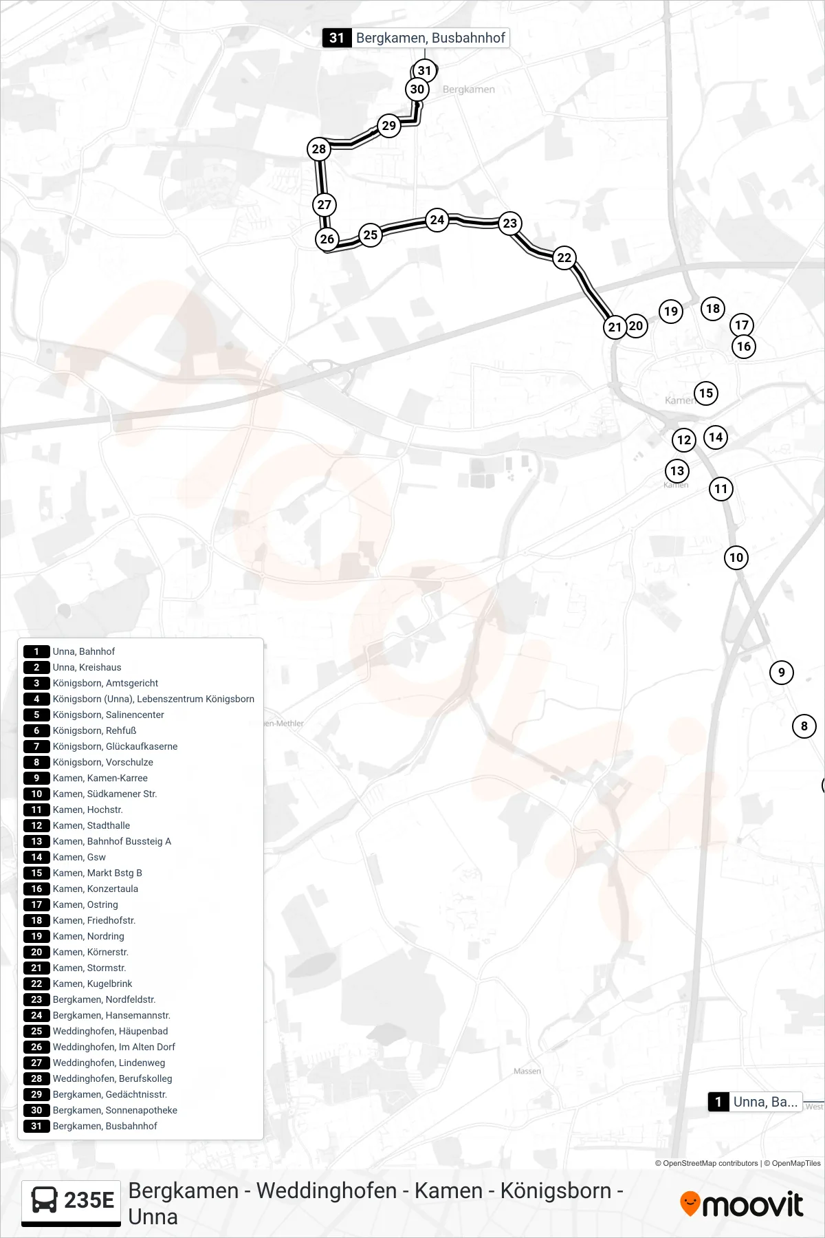 Linie 235E (Bus) Richtung Bergkamen, Busbahnhof Bstg A: Route und Haltestellen auf der Karte