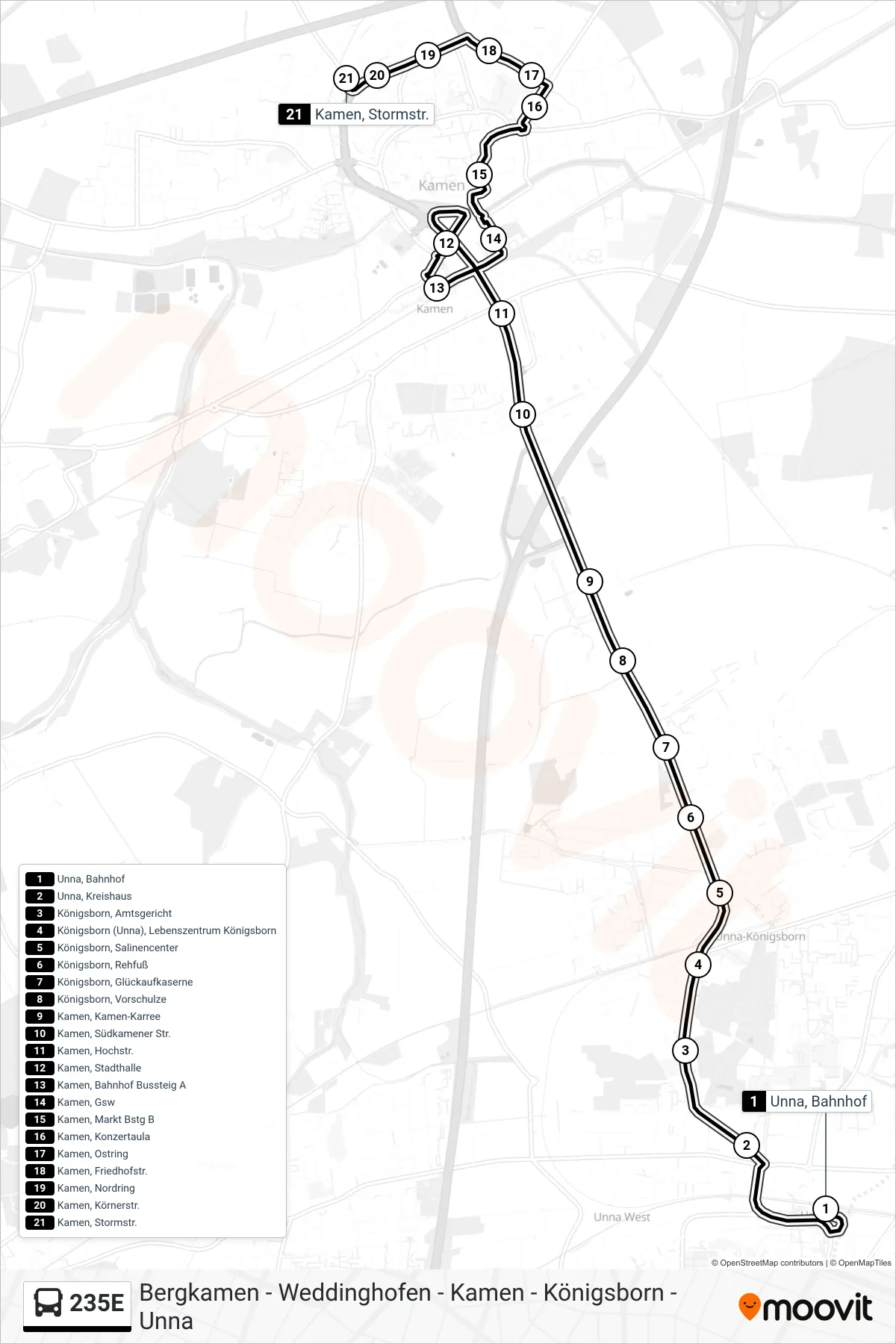 Linie 235E (Bus) Richtung Kamen, Stormstr.: Route und Haltestellen auf der Karte