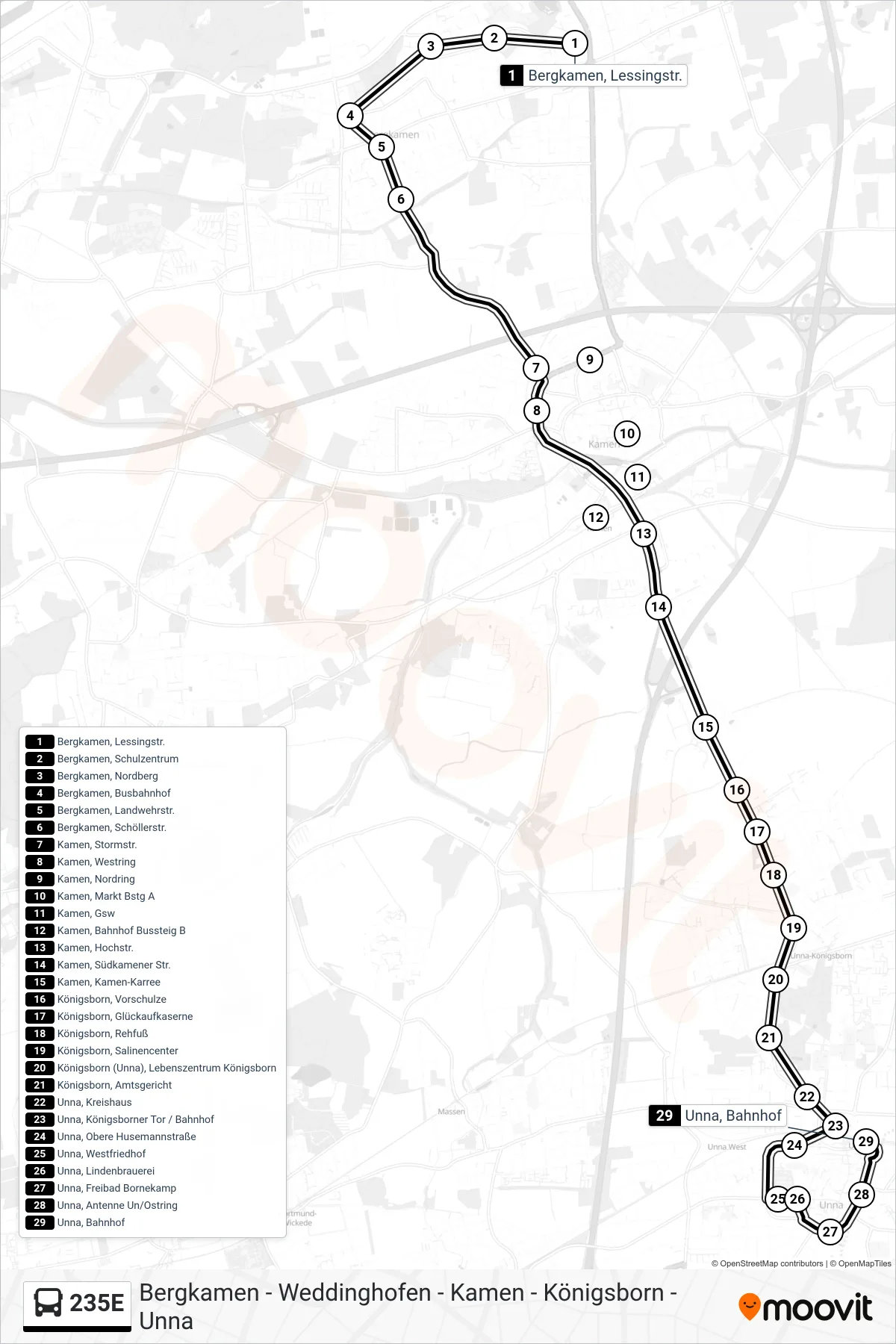 Linie 235E (Bus) Richtung Unna, Bahnhof B: Route und Haltestellen auf der Karte