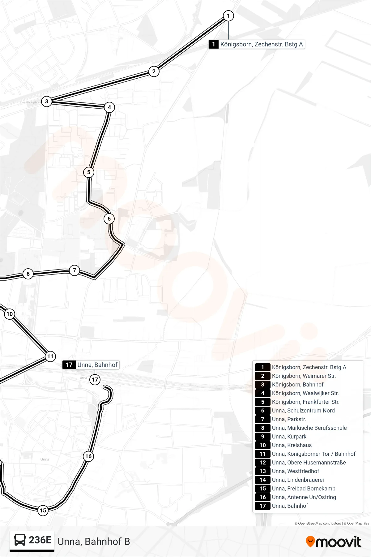 Linie 236E (Bus) Richtung Unna, Bahnhof B: Route und Haltestellen auf der Karte