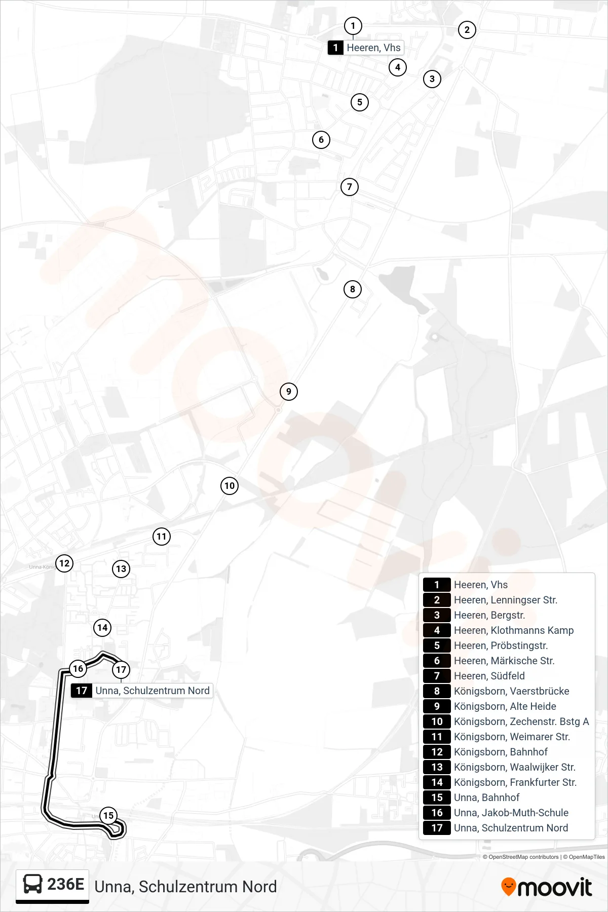 Linie 236E (Bus) Richtung Unna, Schulzentrum Nord: Route und Haltestellen auf der Karte