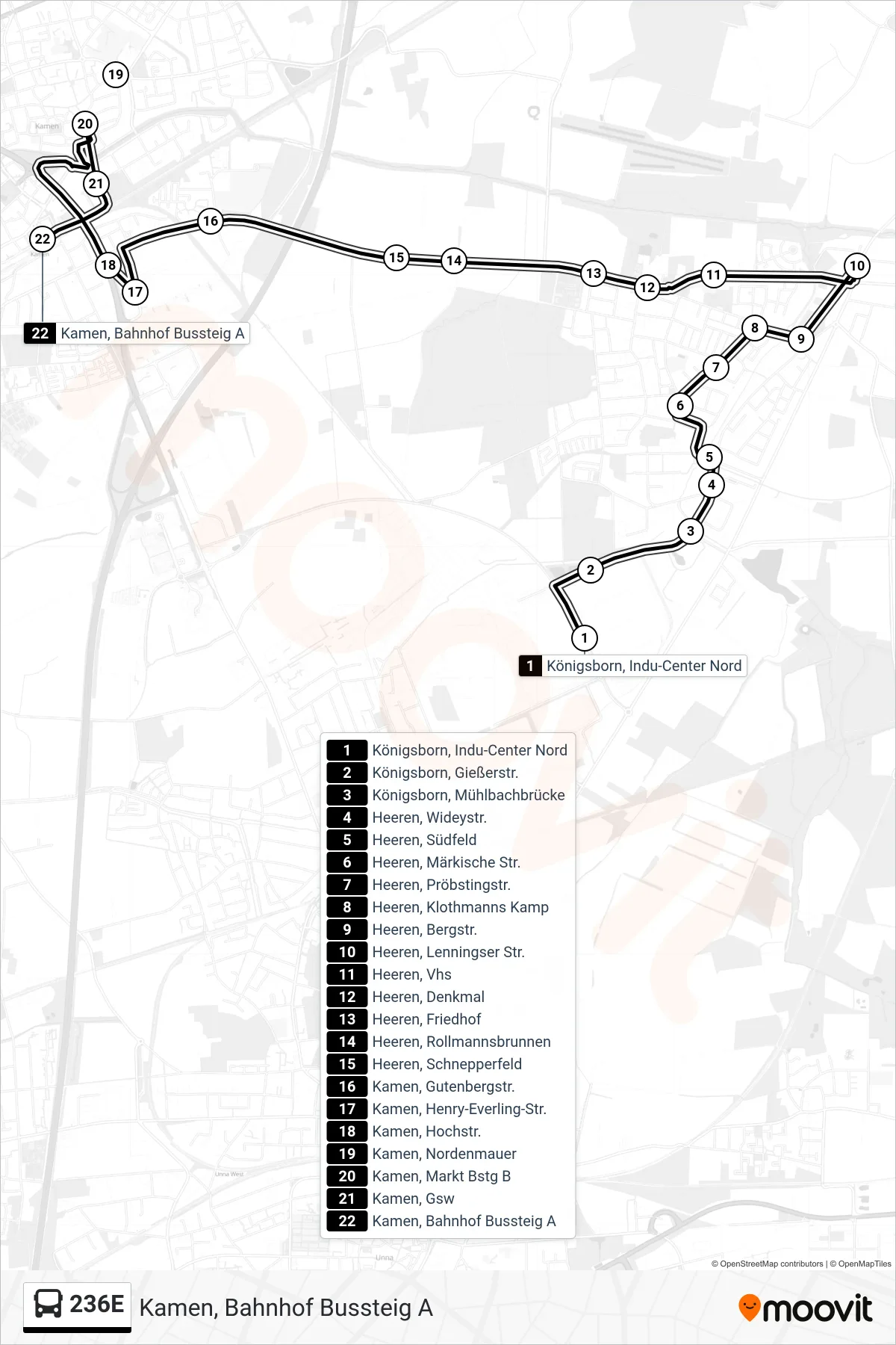 Linie 236E (Bus) Richtung Kamen, Bahnhof Bussteig A: Route und Haltestellen auf der Karte