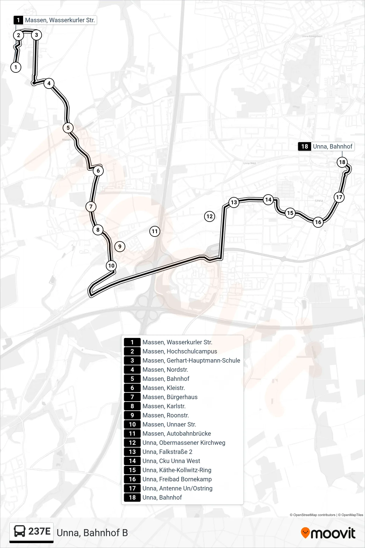 Linie 237E (Bus) Richtung Unna, Bahnhof B: Route und Haltestellen auf der Karte