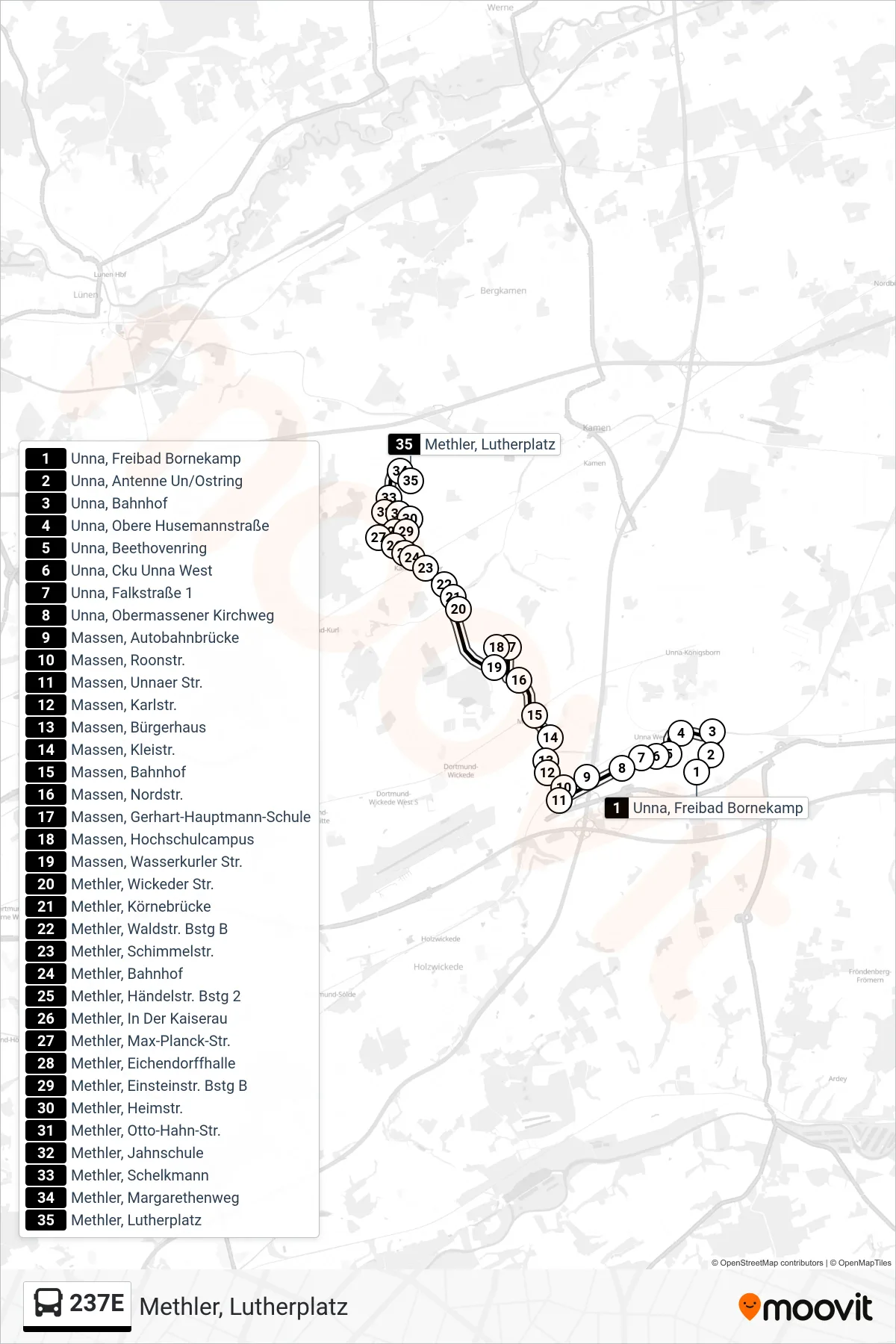 Linie 237E (Bus) Richtung Methler, Lutherplatz: Route und Haltestellen auf der Karte
